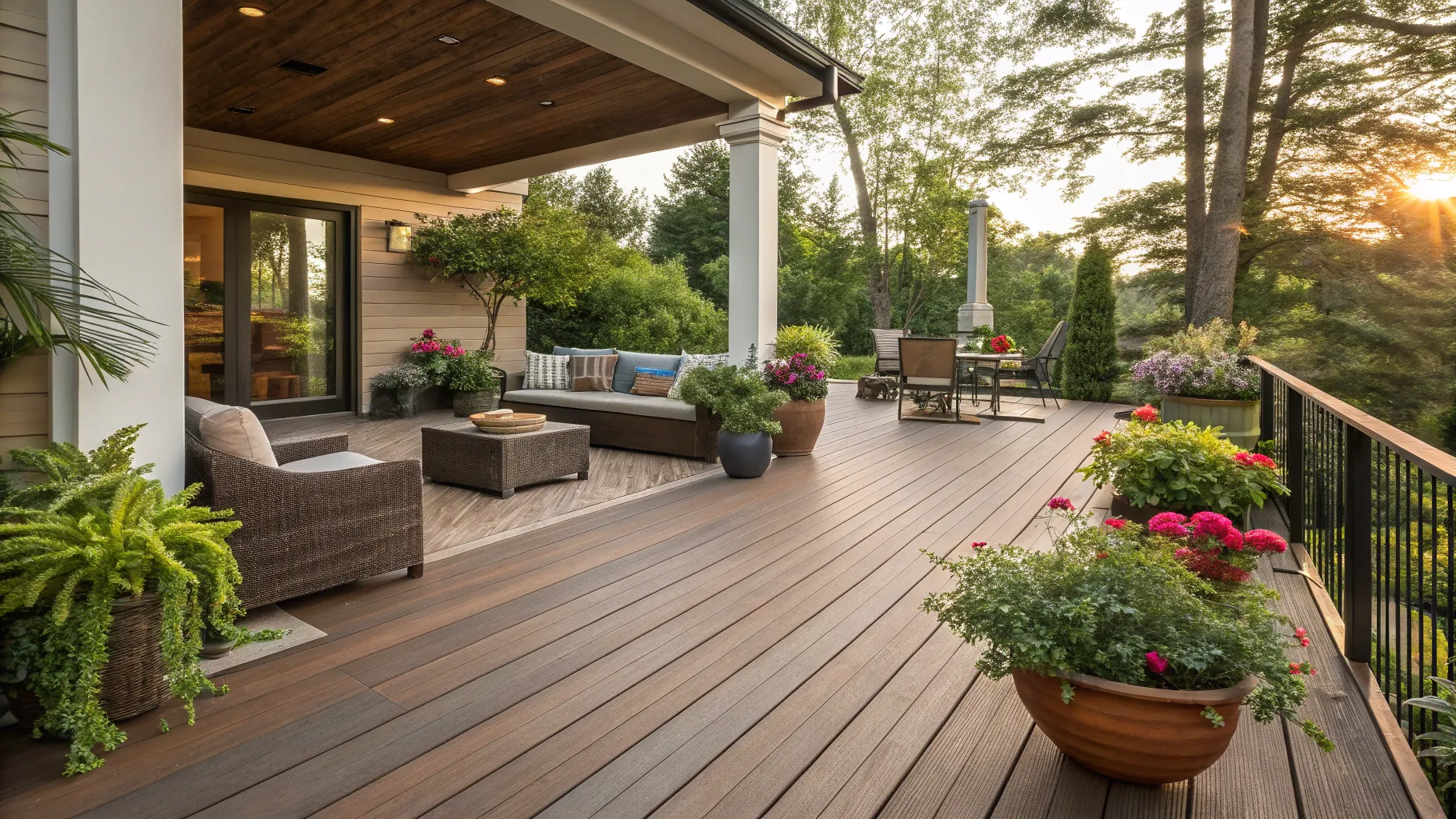 Read more about Composite Decking: Elegant composite deck with vibrant plants and furniture.