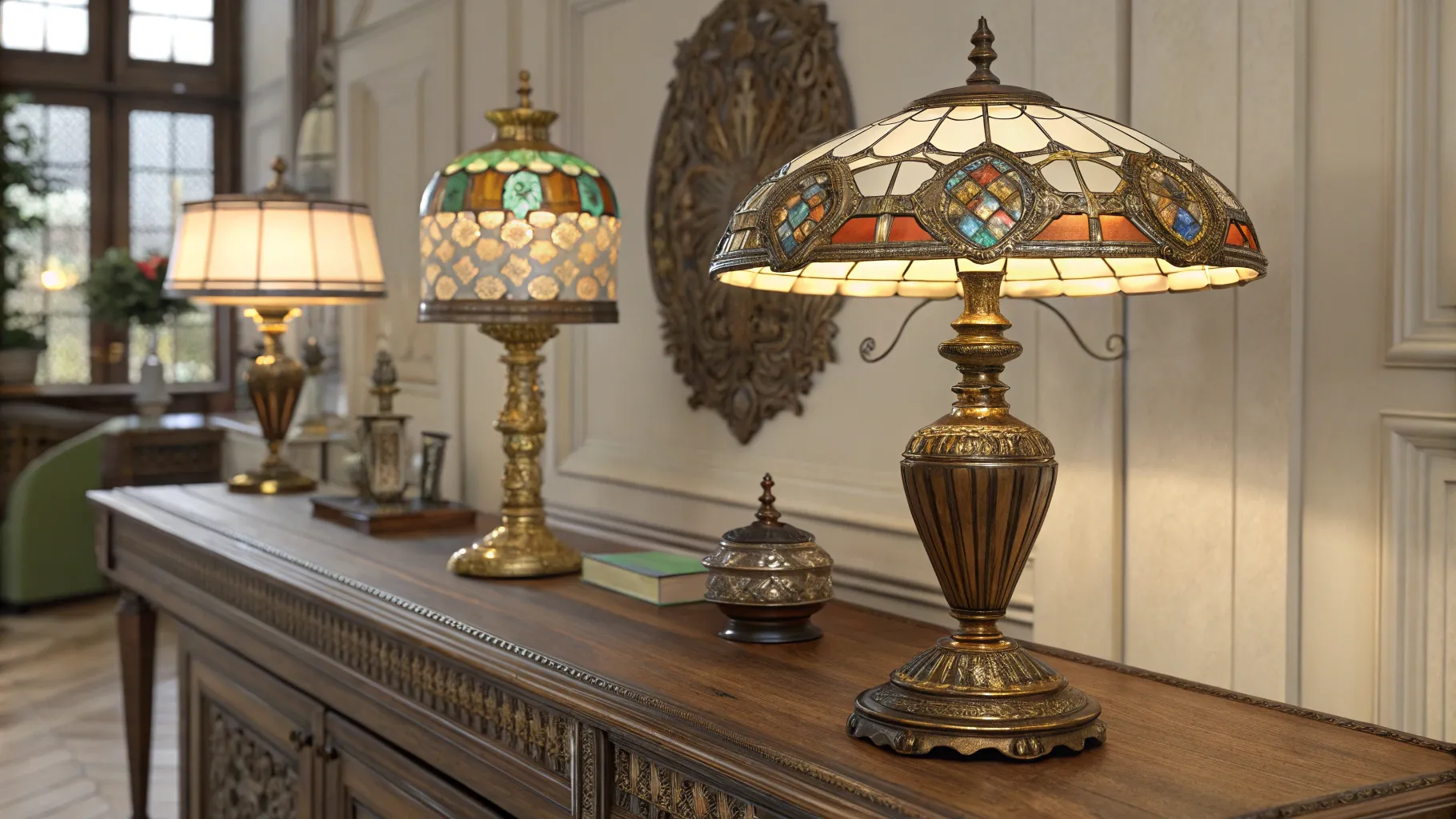 Antique Lamps collection showcasing intricate details and diverse styles on a table.