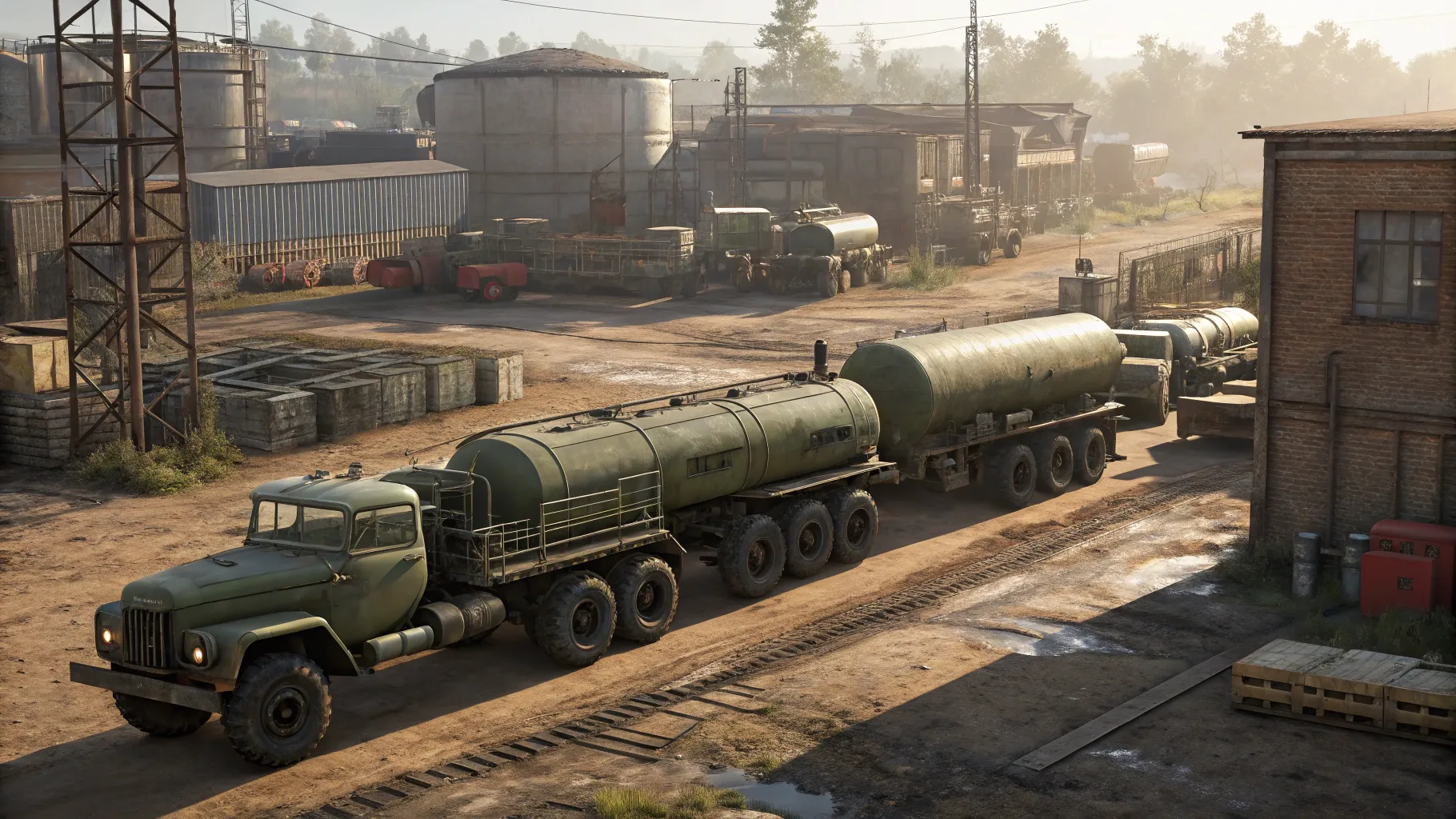 Army Trailers and Tankers arrayed in a surplus yard, highlighting their rugged designs.