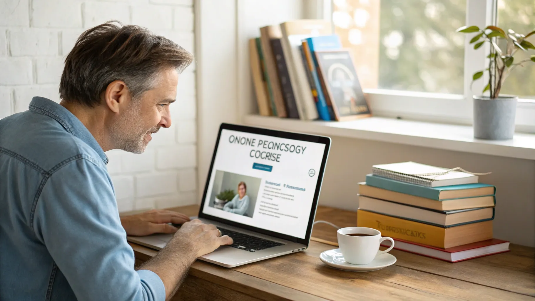 An adult student engaged in a virtual classroom setting, participating in online psychology courses for adults on a laptop.