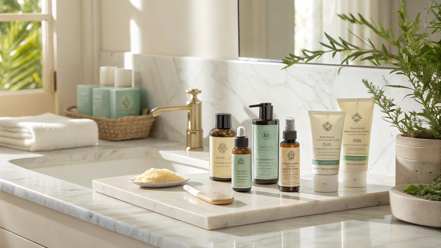 The Complete Guide to Treating and Preventing Acne Scars: Skincare products elegantly displayed.