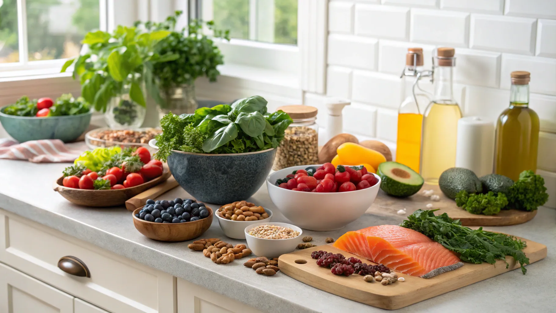 A vibrant table spread with various anti-inflammatory foods including berries, leafy greens, salmon, and nuts, representing the anti-inflammatory diet