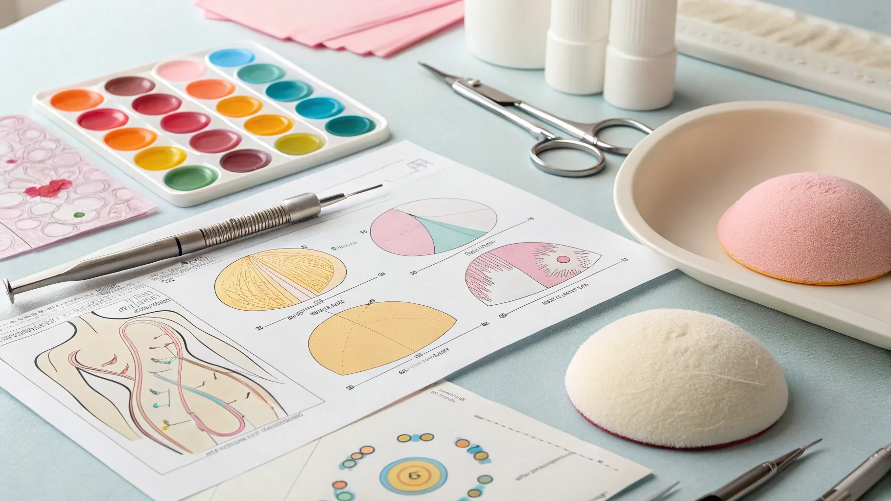 types of areola modification surgery with tools, diagrams, and color samples in a clinical setting.