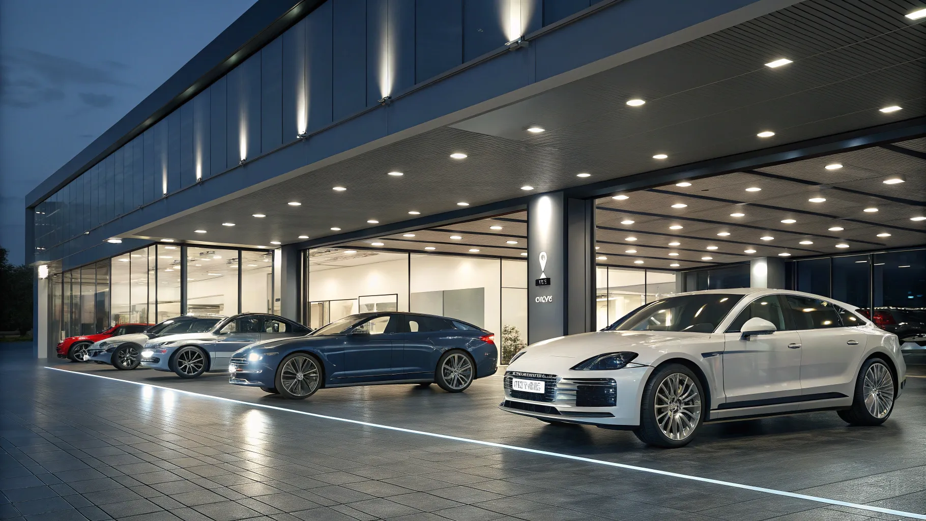 auto leasing options in a sleek car dealership filled with new models.