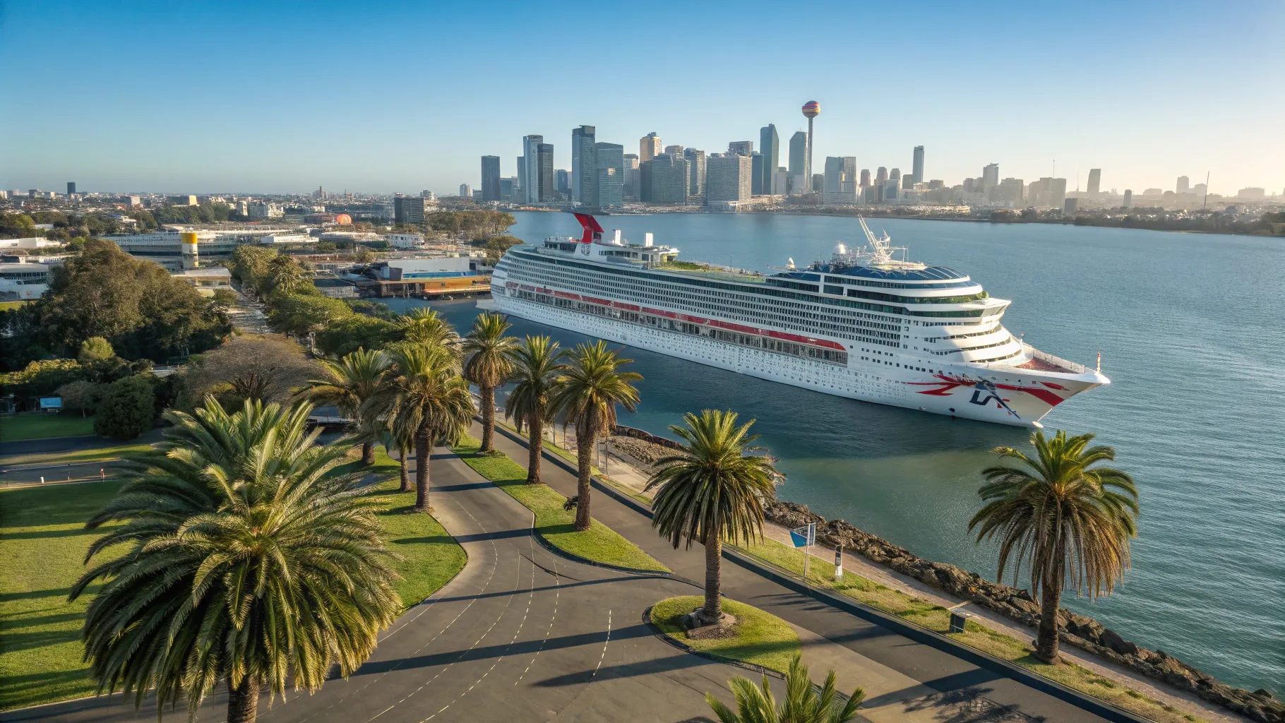 Carnival Cruise from Melbourne at the dock, with vibrant surroundings and a clear sky.