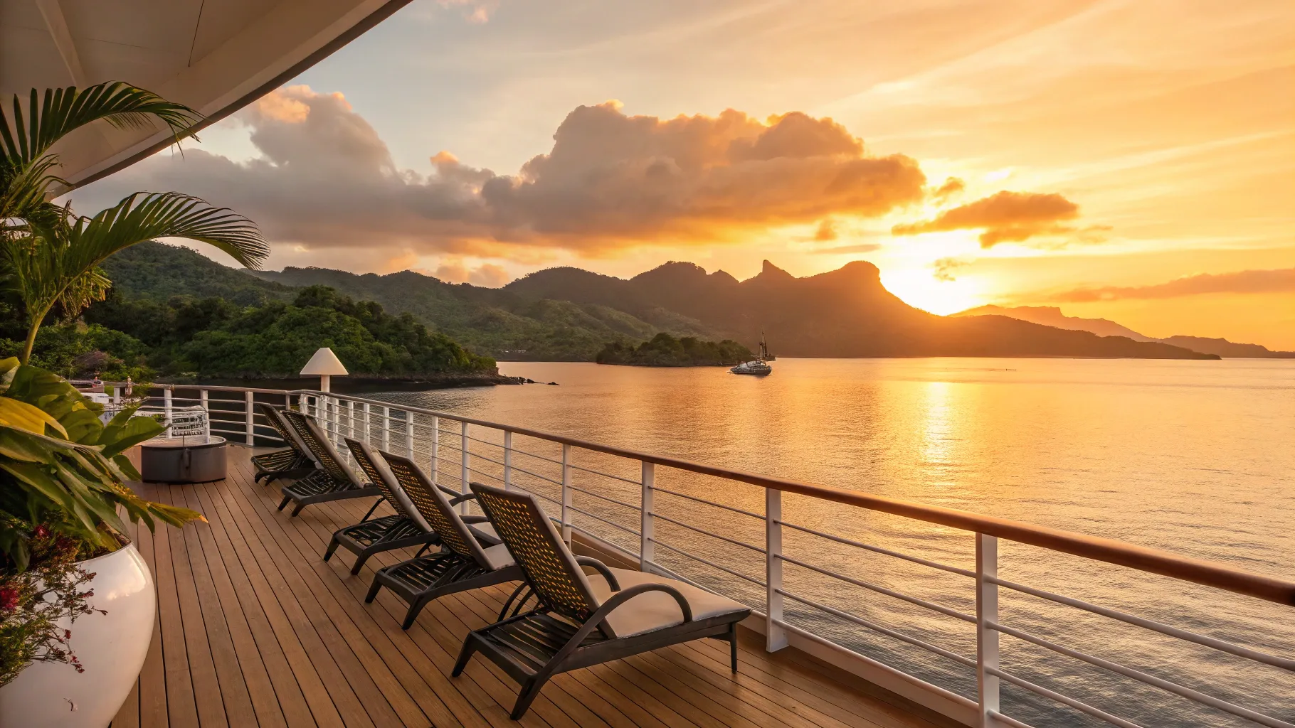 Cruise from Sydney to South Pacific Islands with a vibrant sunset over calm waters.