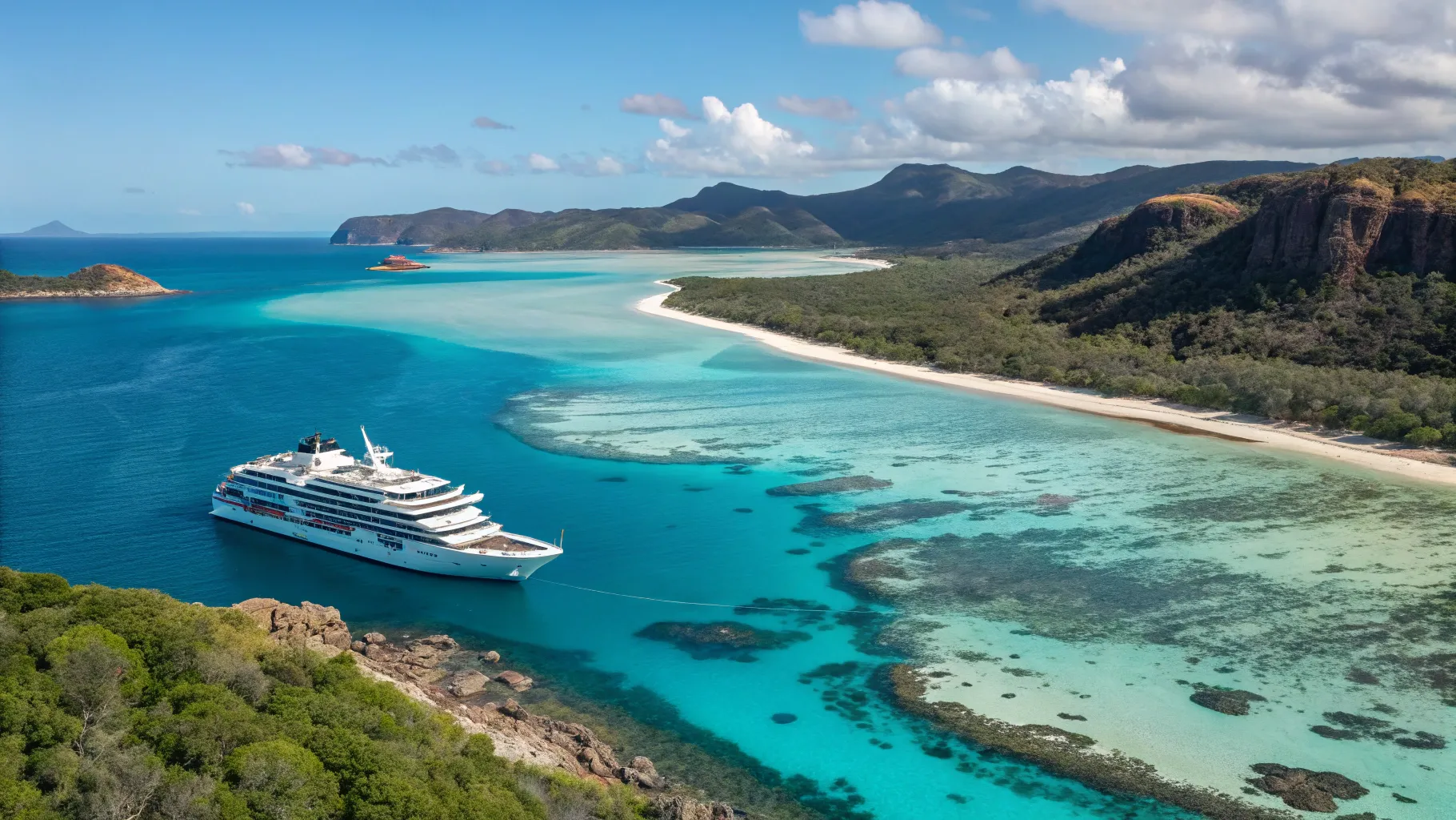 Luxury Cruise from Melbourne around Australia with a ship near the Great Barrier Reef.