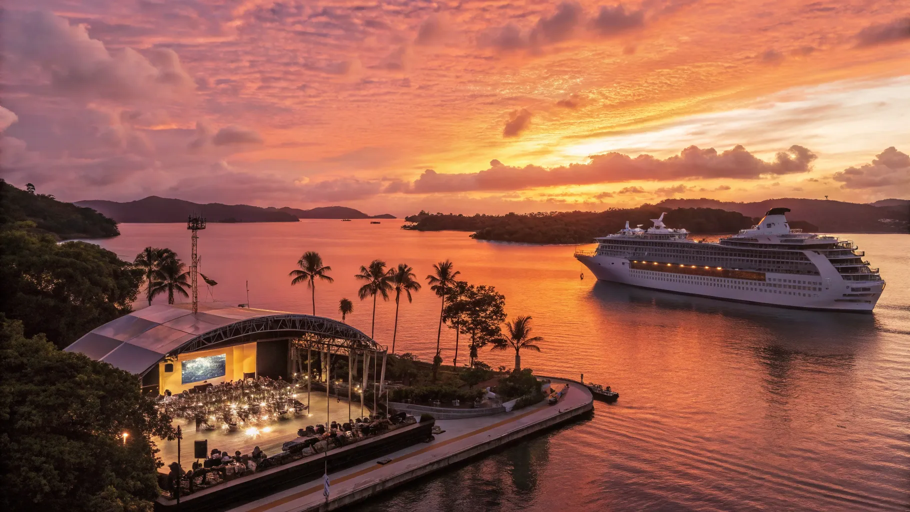 Music Cruise from Sydney enjoying sunset views with a stage on a luxurious ship.