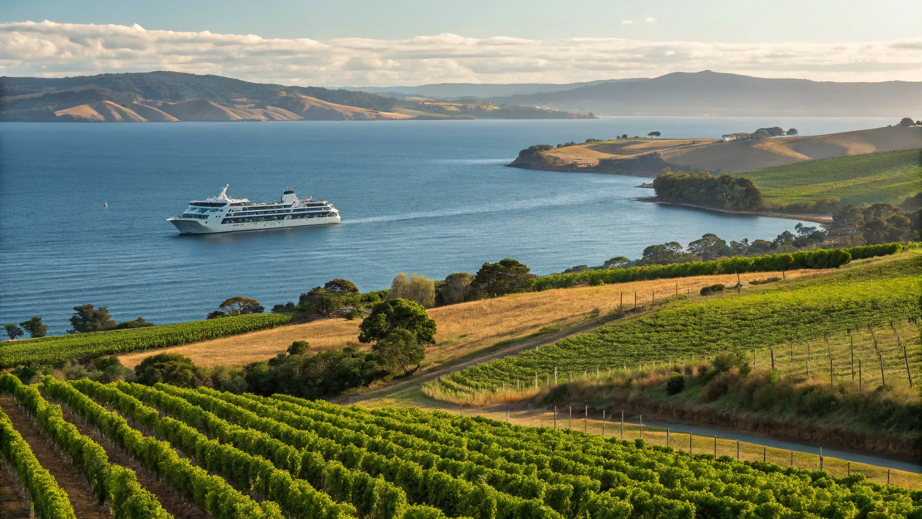 Wine Cruise from Sydney to Tasmania & Kangaroo Island showcasing vineyards and sunset.
