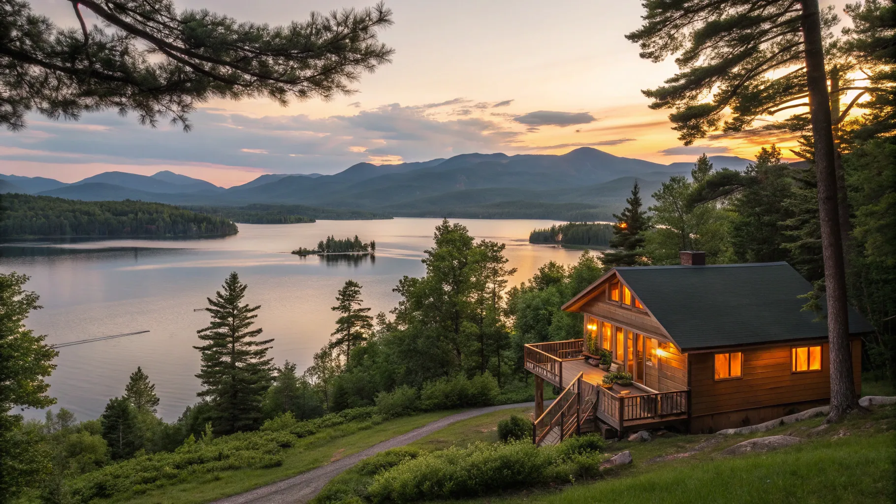 read more about weekend getaways for seniors on a budget. Tranquil lake sunset with a cabin.