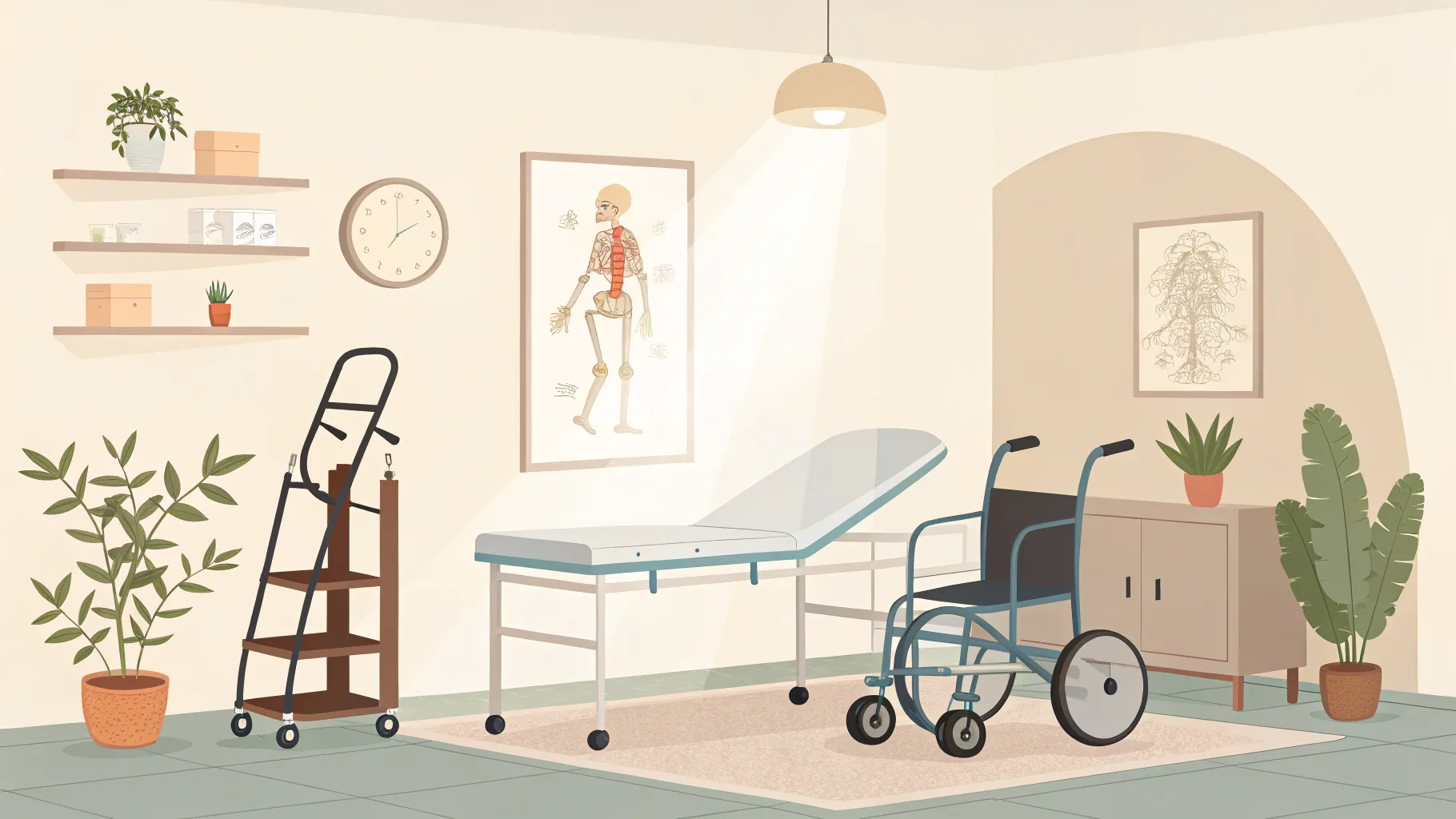 Symptoms of Spinal Stenosis in elder care clinic scene with a walker and spinal diagram.