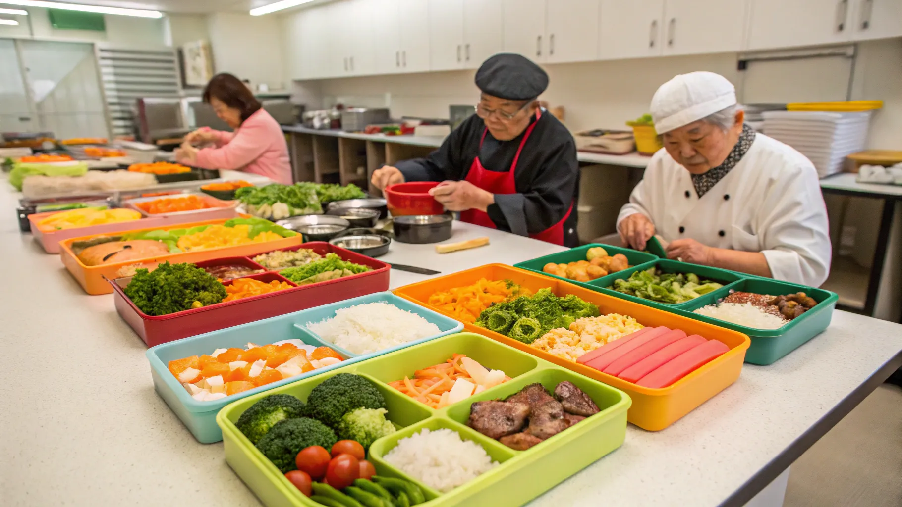 Bento Box Prep Jobs for Seniors showcase vibrant ingredients in a lively kitchen setting.
