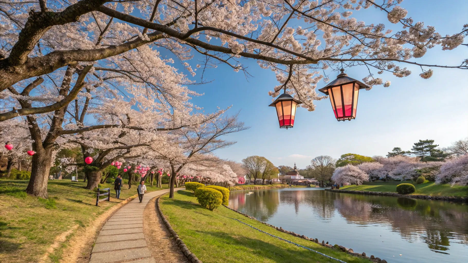 US to Japan Cherry Blossom Season Visit: Vibrant pink blooms surround a tranquil park scene.
