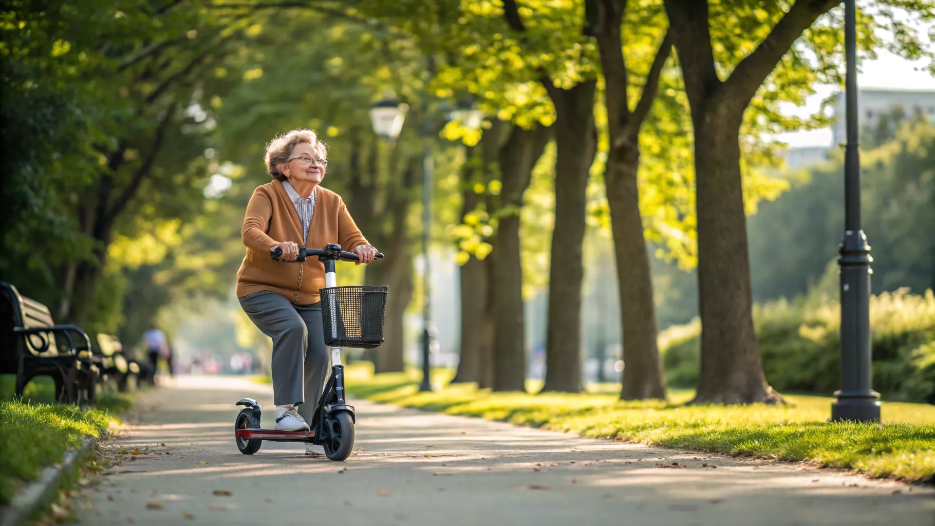 An elderly couple smiling while using a <strong>medical scooter deals and discounts 2026</strong> model on a pleasant outdoor path.
