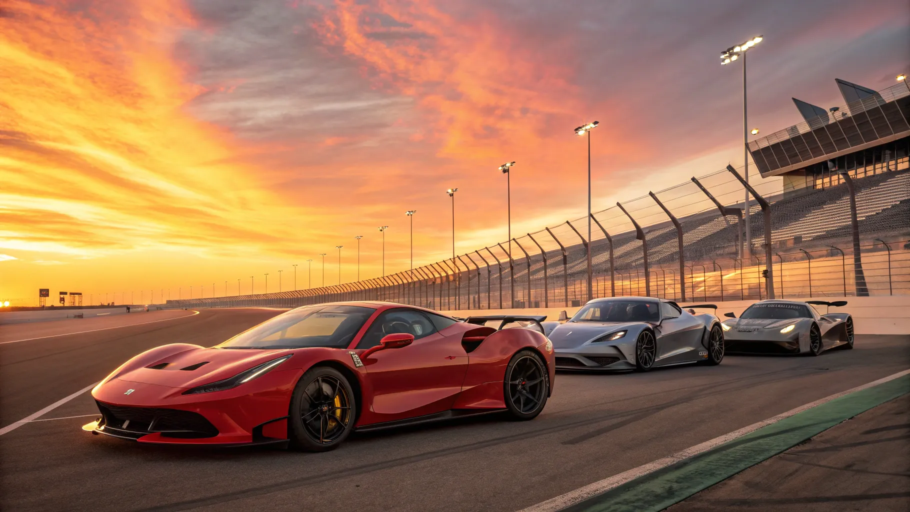 Best Performing Cars 2026 Season lined up on a racetrack during a stunning sunset.