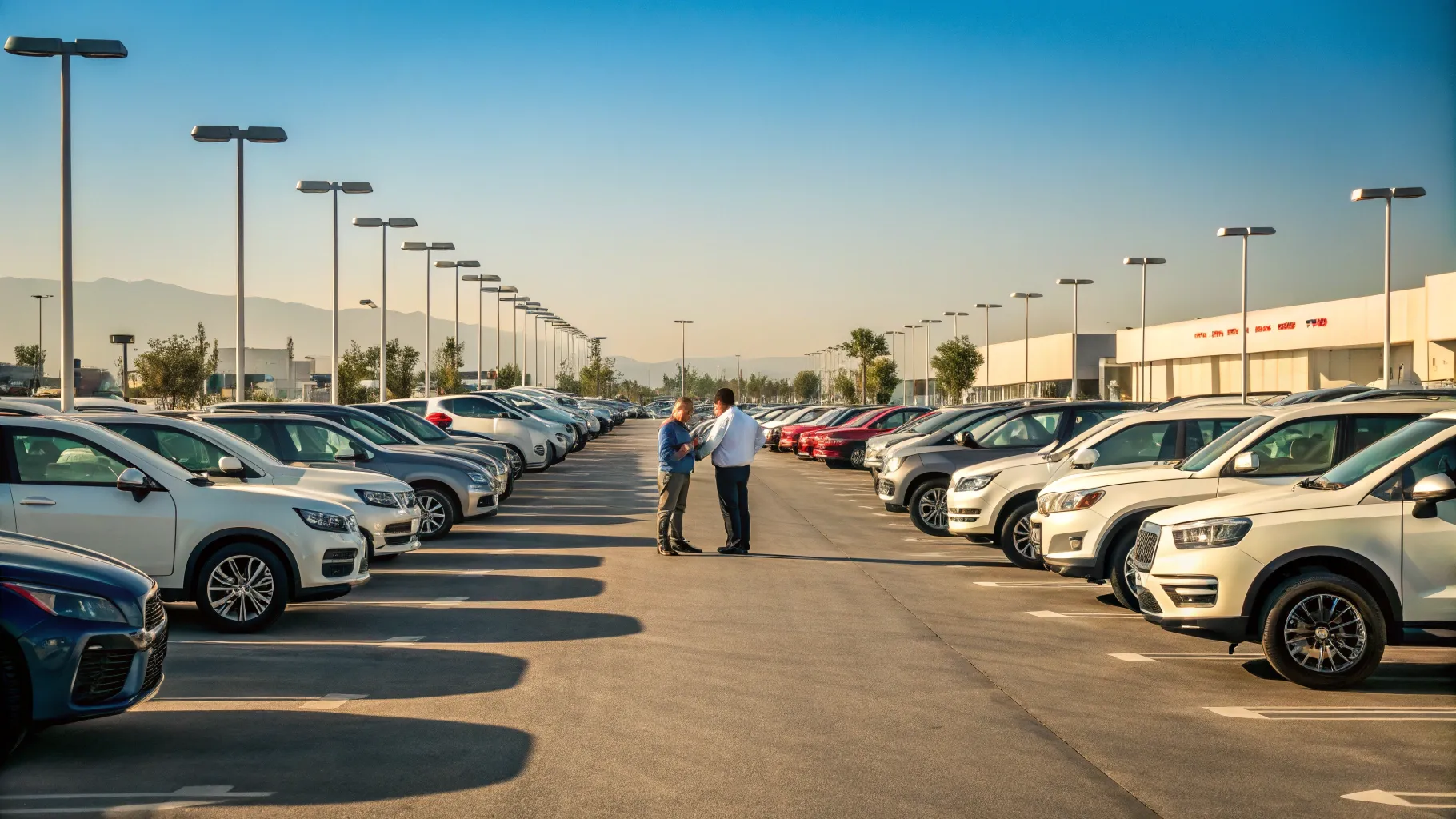 A wide shot of a lineup of diverse <strong>reliable used cars under budget</strong> on a dealership lot.