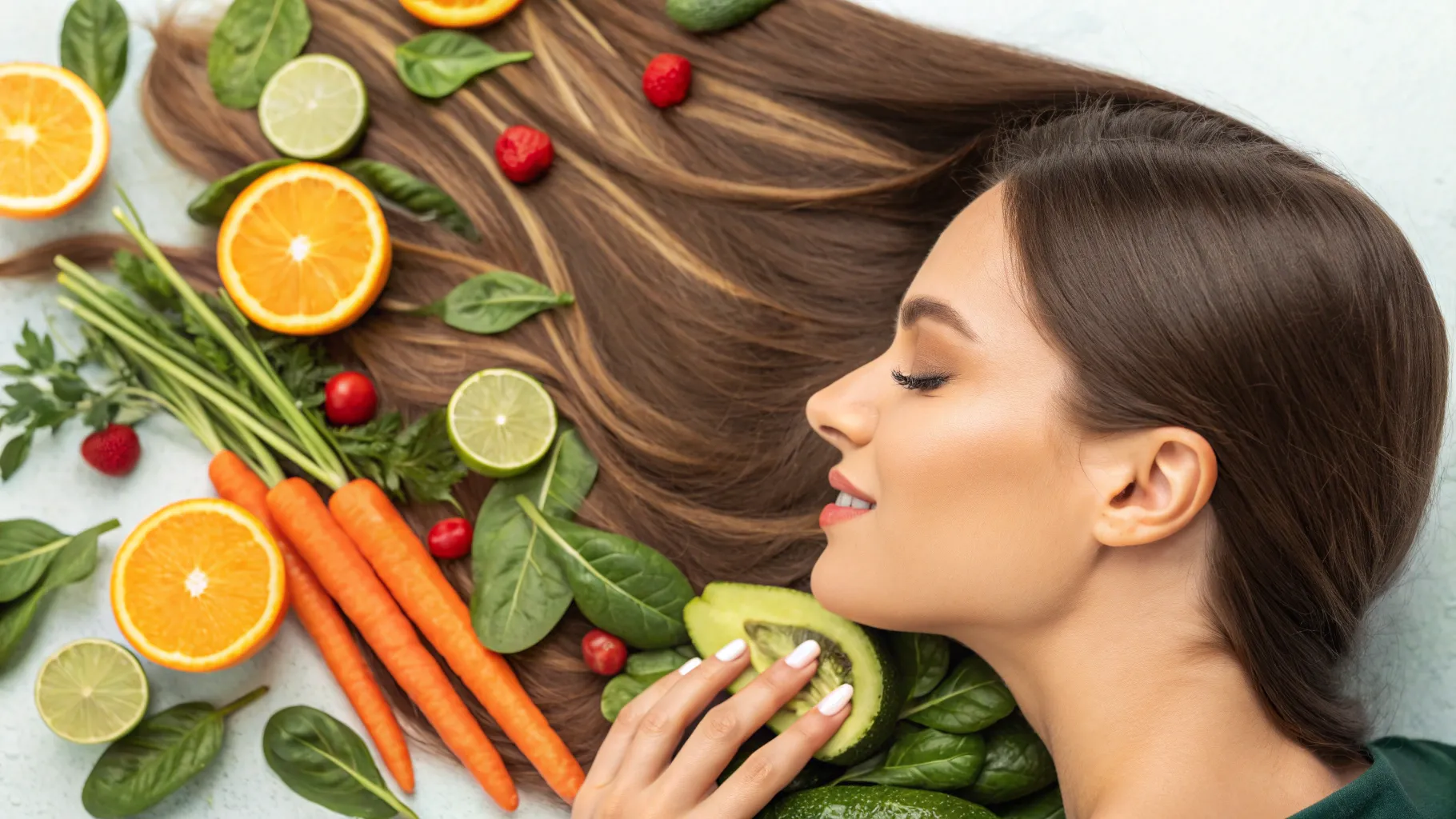 Top 10 Vitamins for Stronger Nails and Hair: Vibrant hair and nails with fresh vegetables.