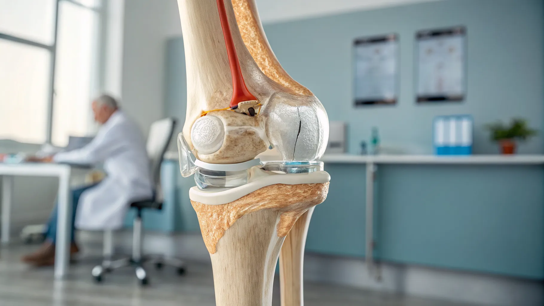 A detailed illustration of a human knee joint showing advanced osteoarthritis with bone-on-bone contact, highlighting areas of cartilage loss, a critical factor in finding <strong>bone-on-bone knee pain relief</strong>.