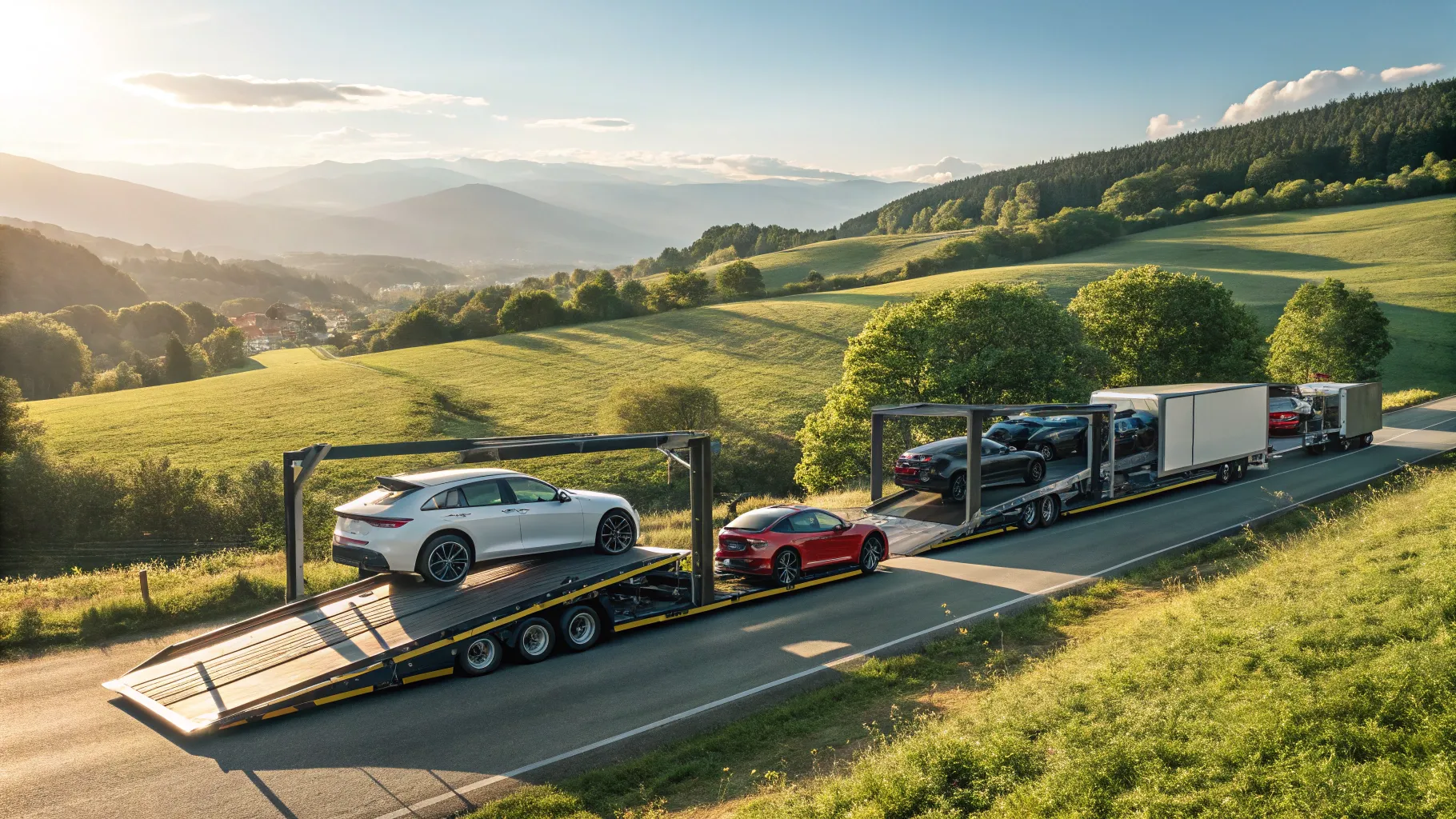 Car Hauler Trailers displaying various types in an outdoor, sunny environment.
