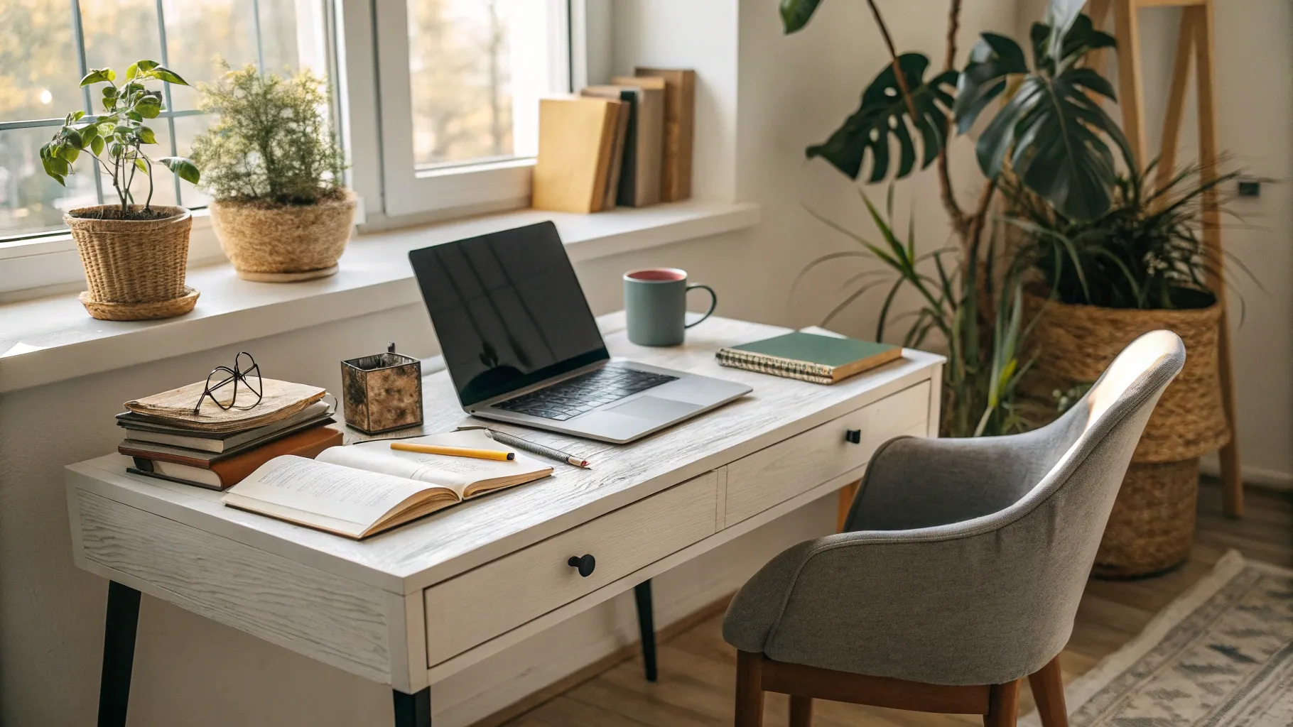 Flexible Content Writing jobs setup with a laptop, coffee, and bright natural light.