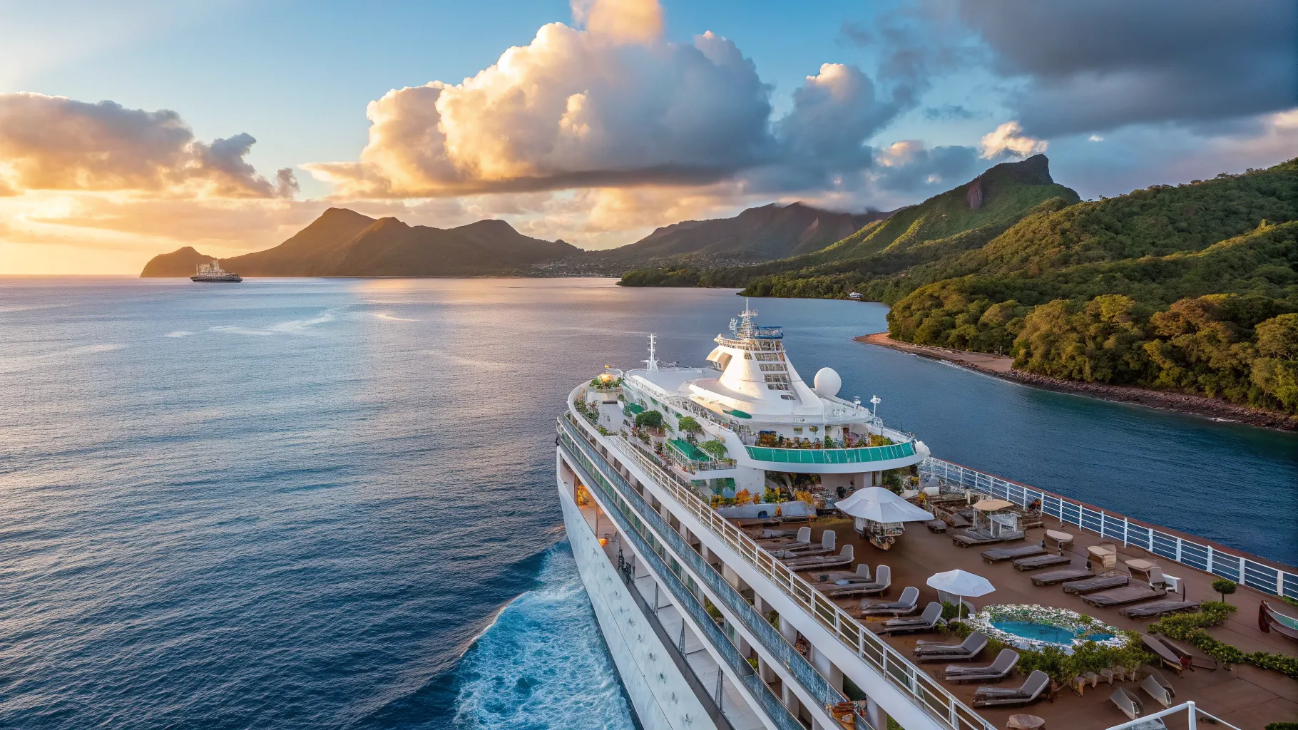 Cruise from Southampton to Australia 2025, a ship gliding through vibrant sunset waters.