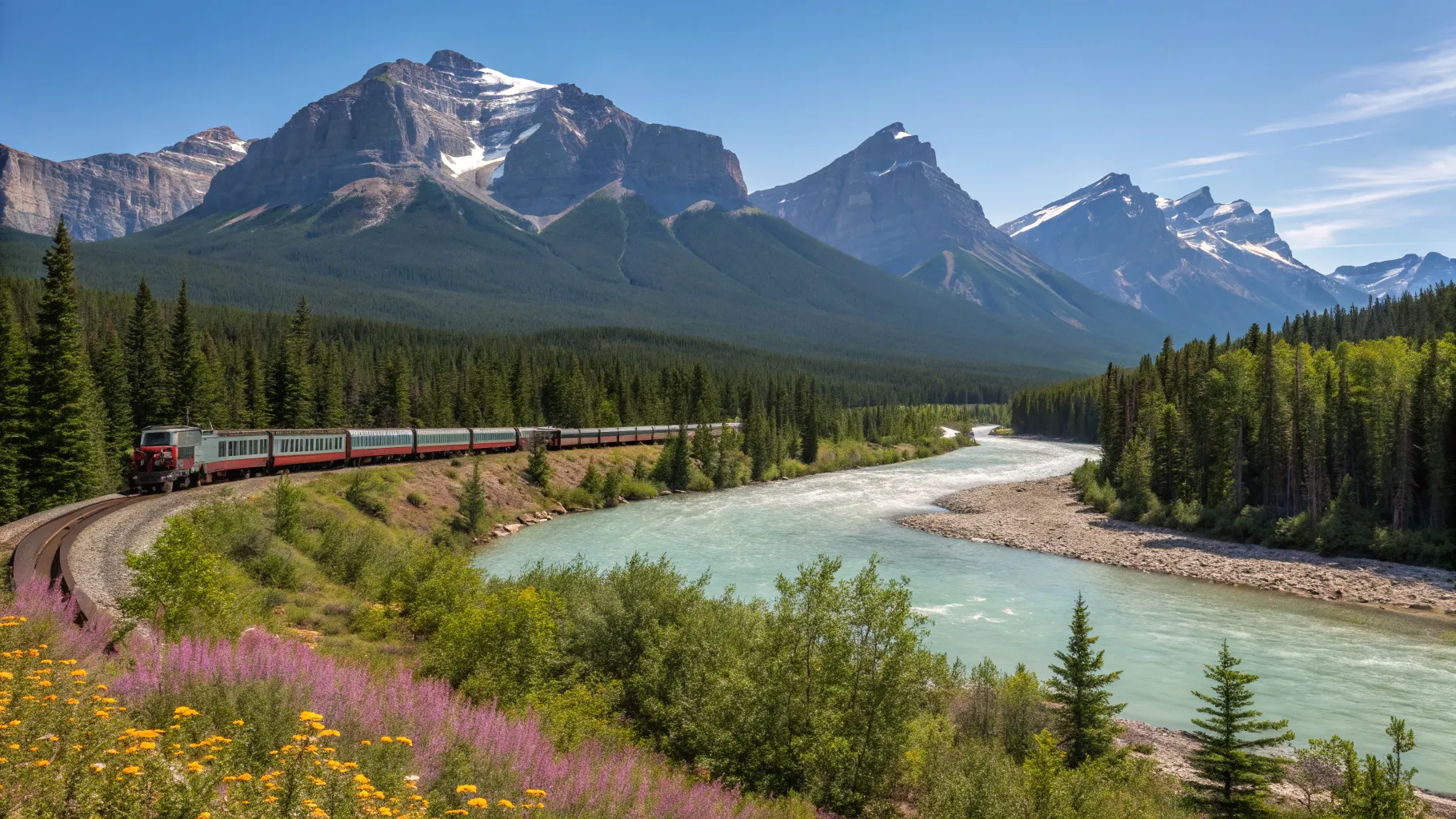 Canada by Train travels through stunning Rocky Mountain landscapes.