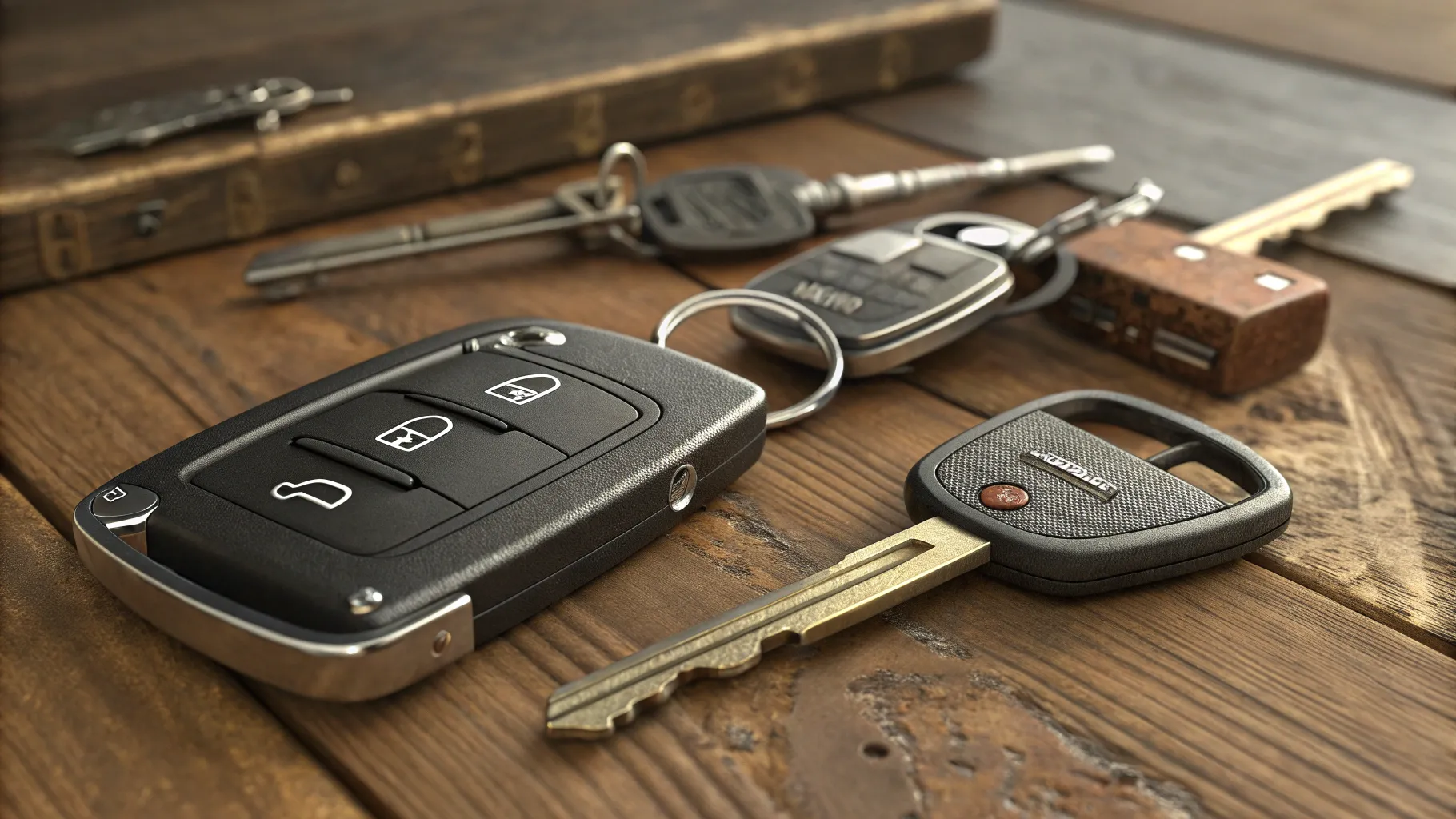 Car Key Replacement Price Info Various car keys displayed on wood, highlighting features.