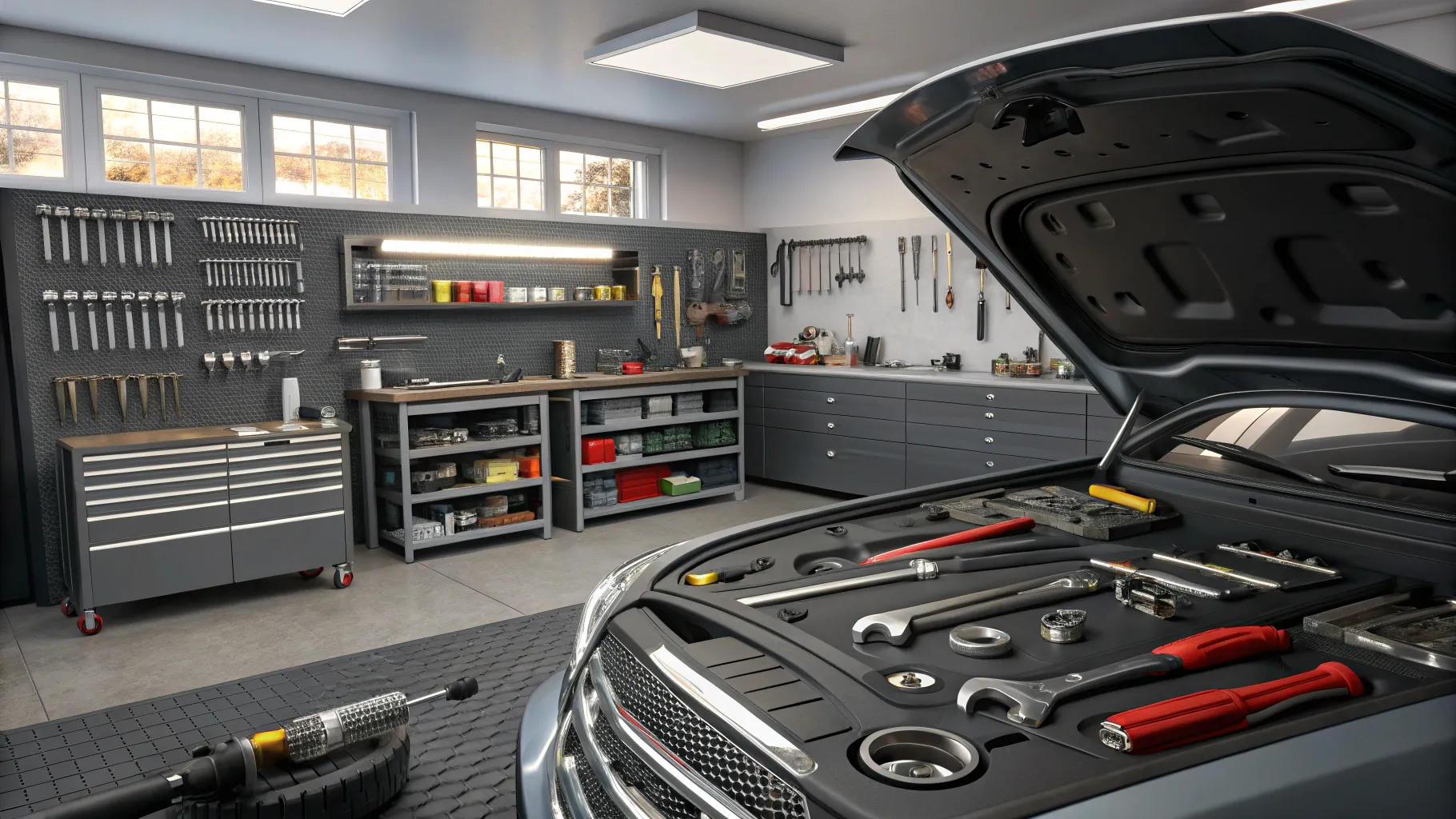 Car repairing guide 2025: An organized workshop with tools for maintaining vehicles.