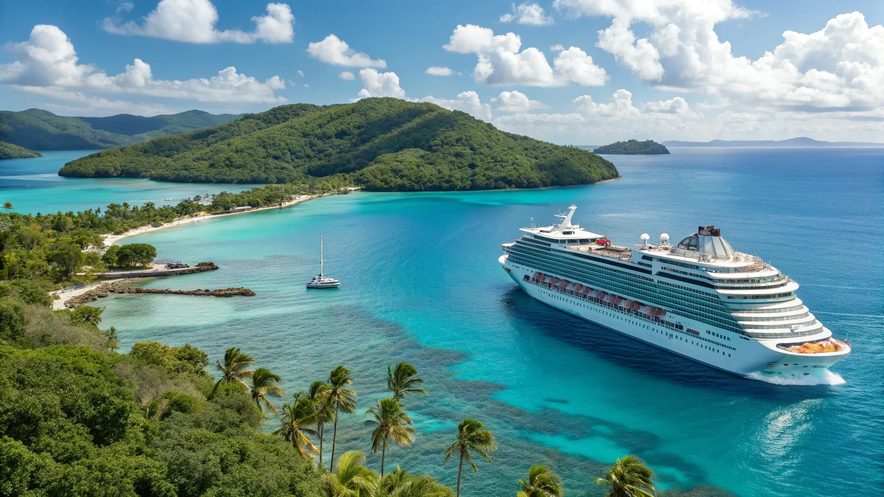 Caribbean Cruise on a Budget: A ship on turquoise waters with lush islands in the background.