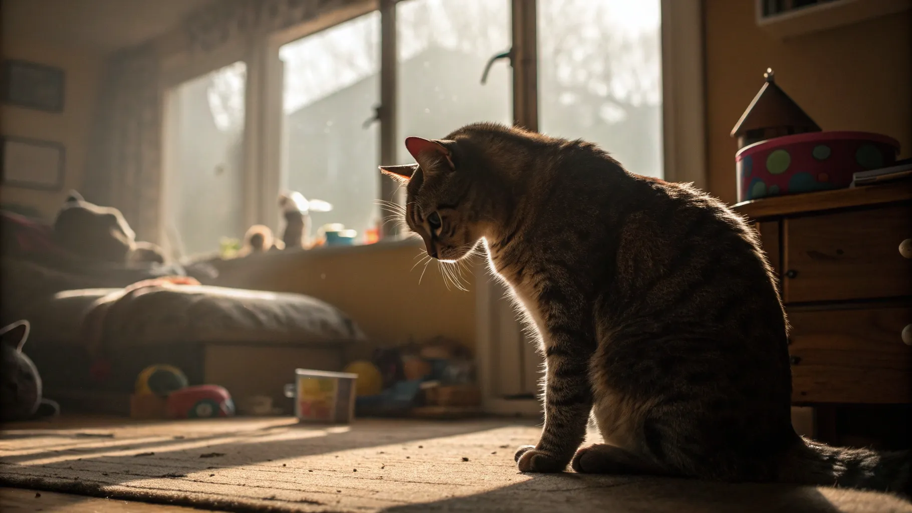 Signs that your cat have depression: a lonely cat in a dimly lit room, head lowered.