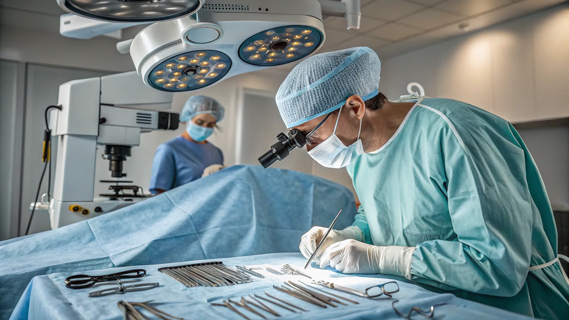 Cataract and MIGS surgery for seniors in a surgical setting with detailed instruments.