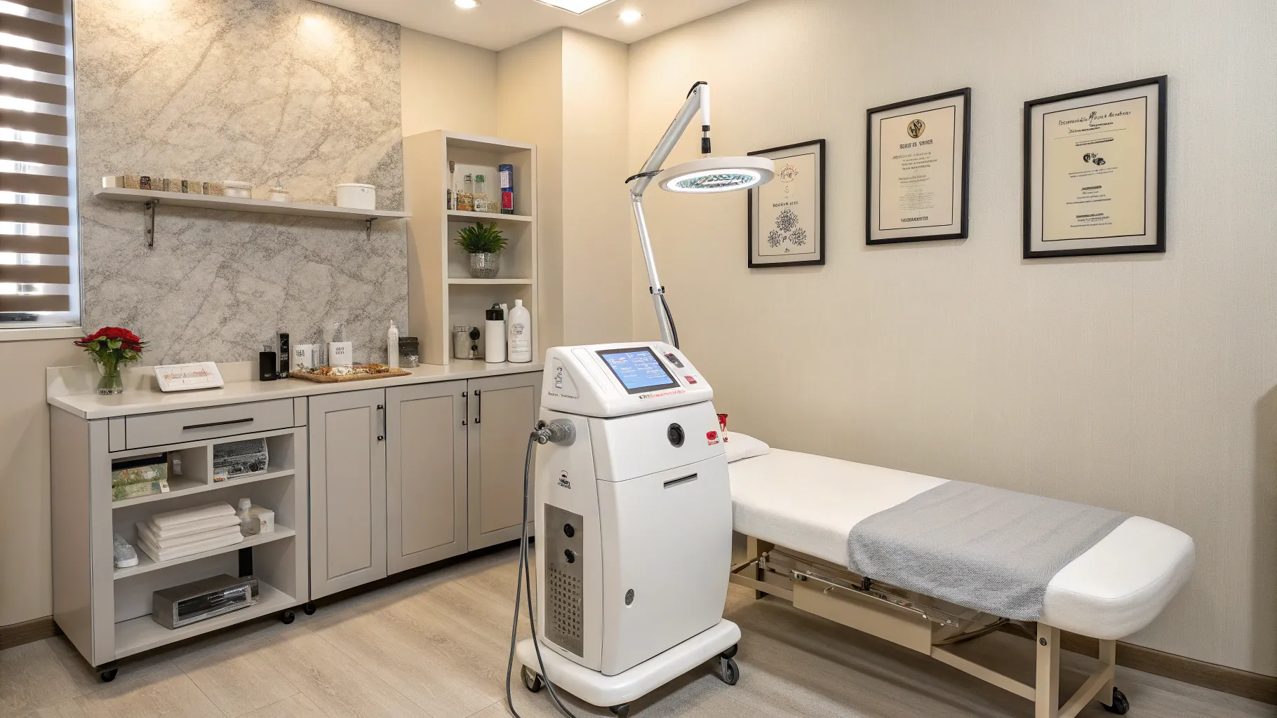 Clinical Solutions for Age Spots featuring advanced laser equipment in a serene clinic setting.