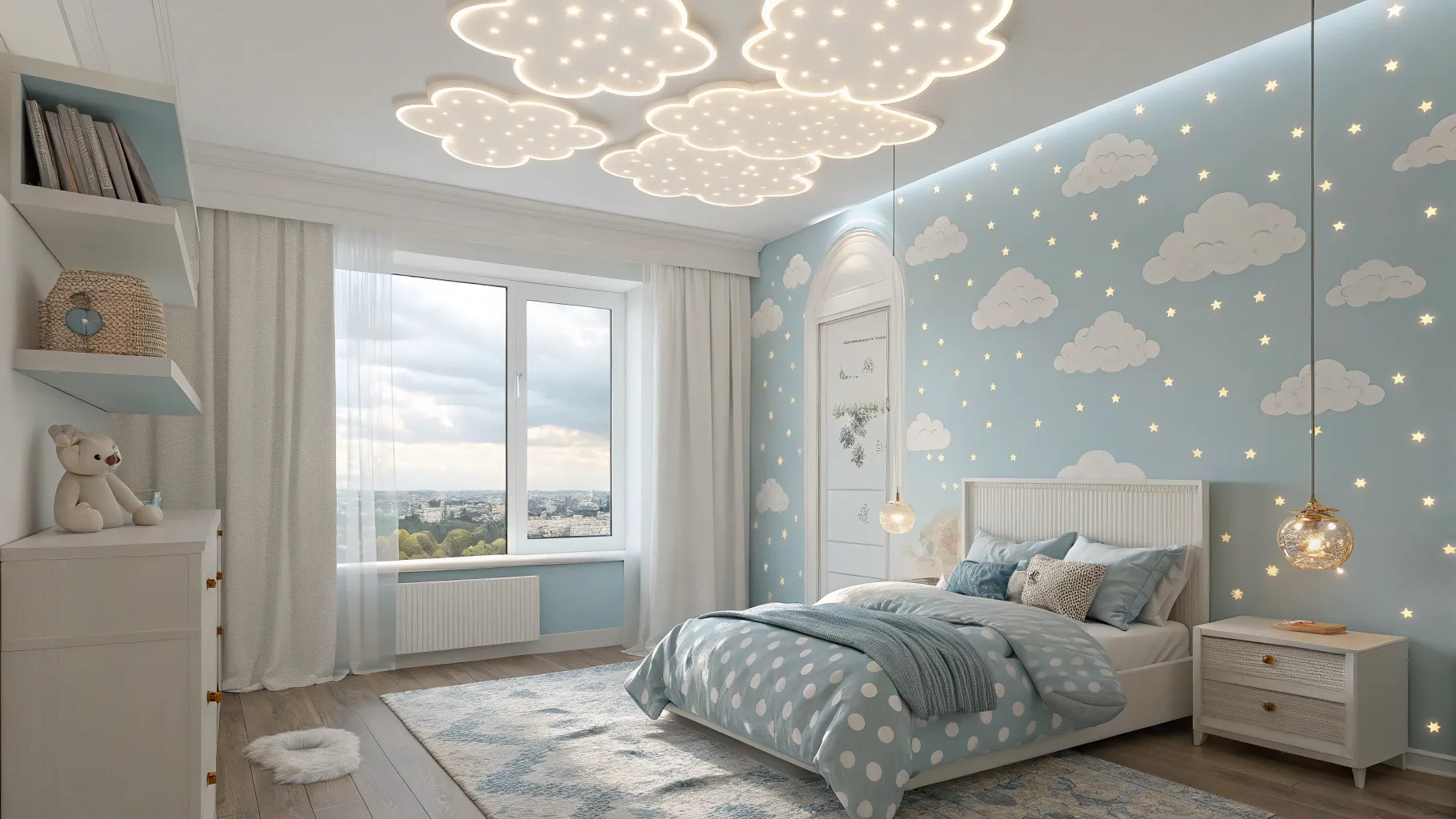 Cloud room decoration with soft hues, cloud lights and plush pillows creating a tranquil space.