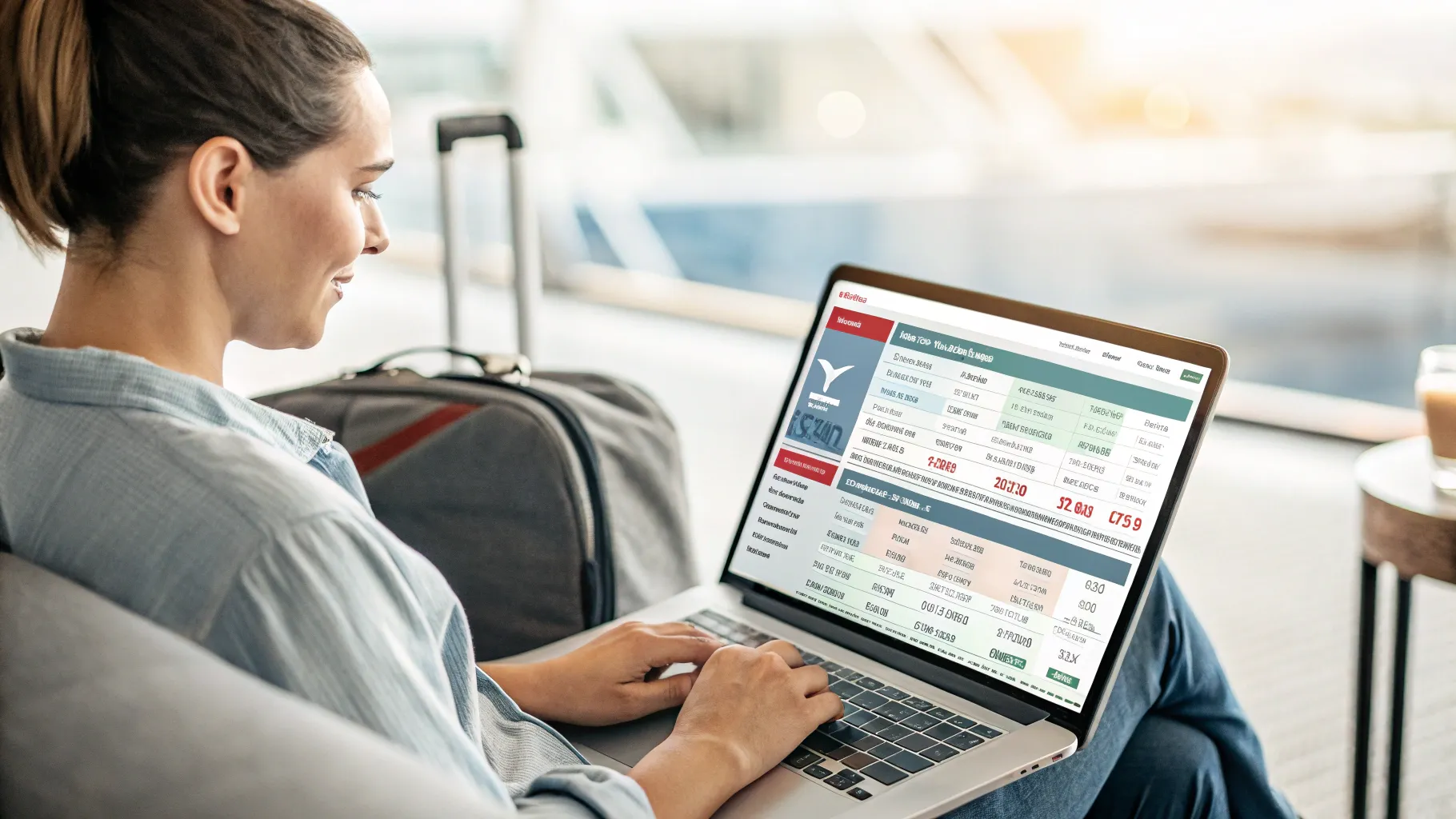 A traveler actively comparing flight prices on a laptop, displaying various flight search tools and routes.