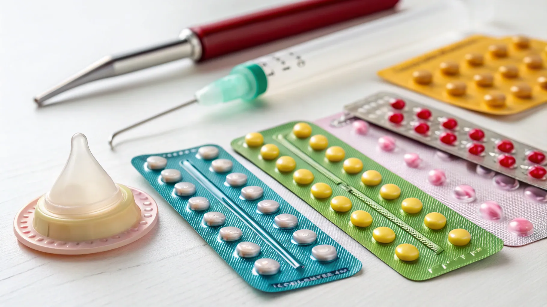 Different Contraceptive Methods Explained: A variety of contraceptive products displayed creatively.