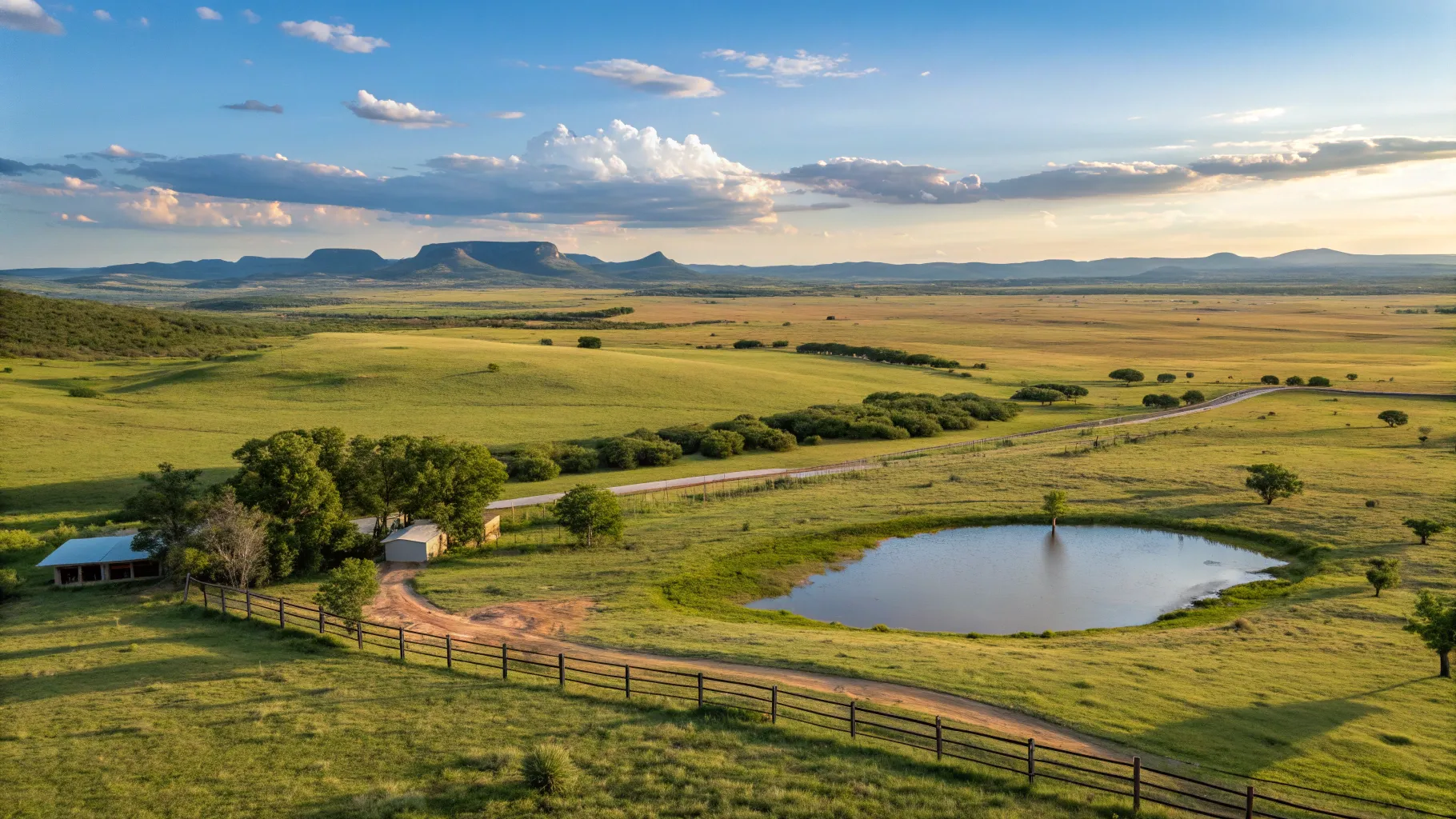 Cost of Ranches depicted with expansive Texas pastures, a serene pond, and rolling hills.