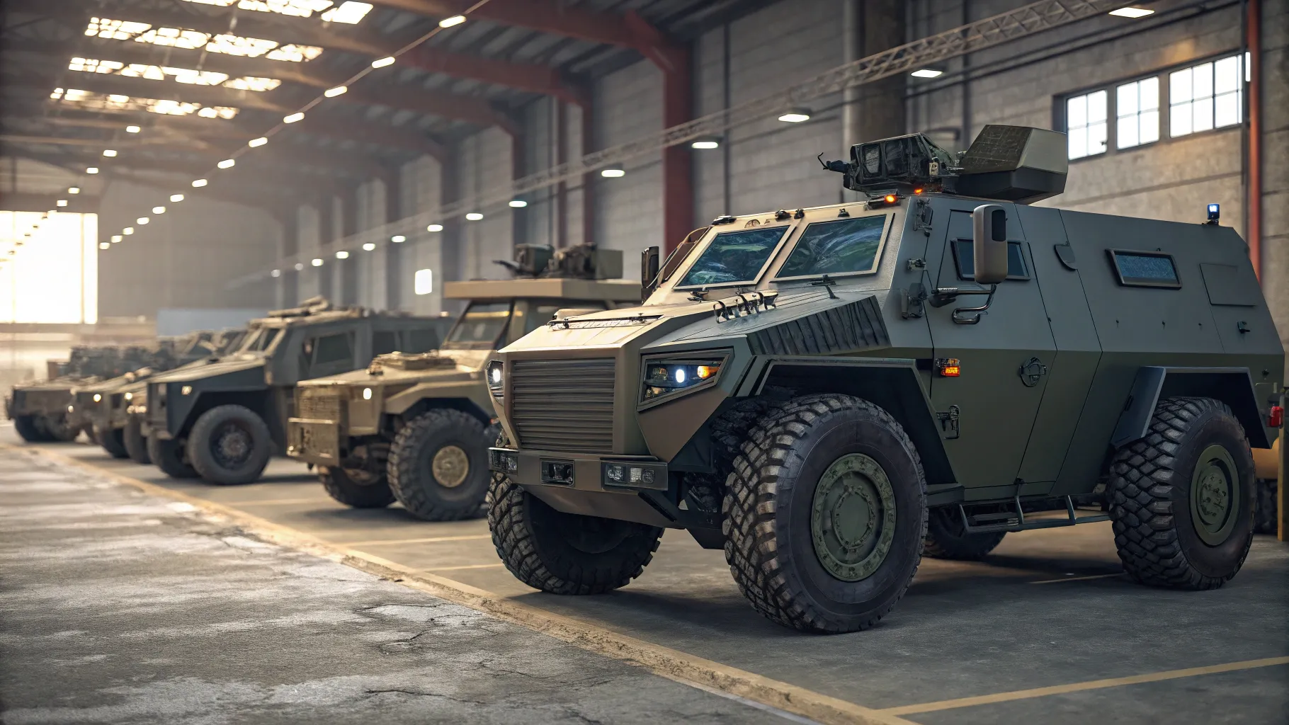 Costs of Armored Vehicles Worldwide depicted in a military garage with various models.
