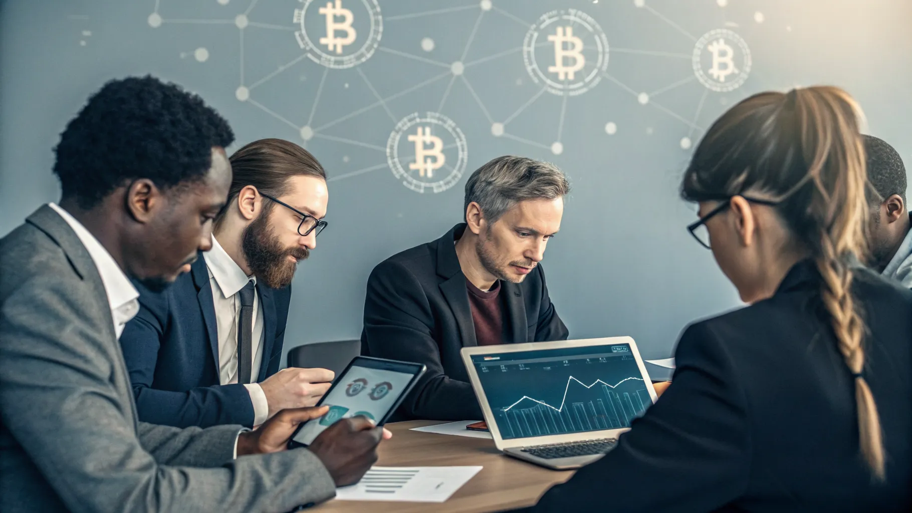 Crypto investing trends in a digital trading room with vibrant crypto charts.