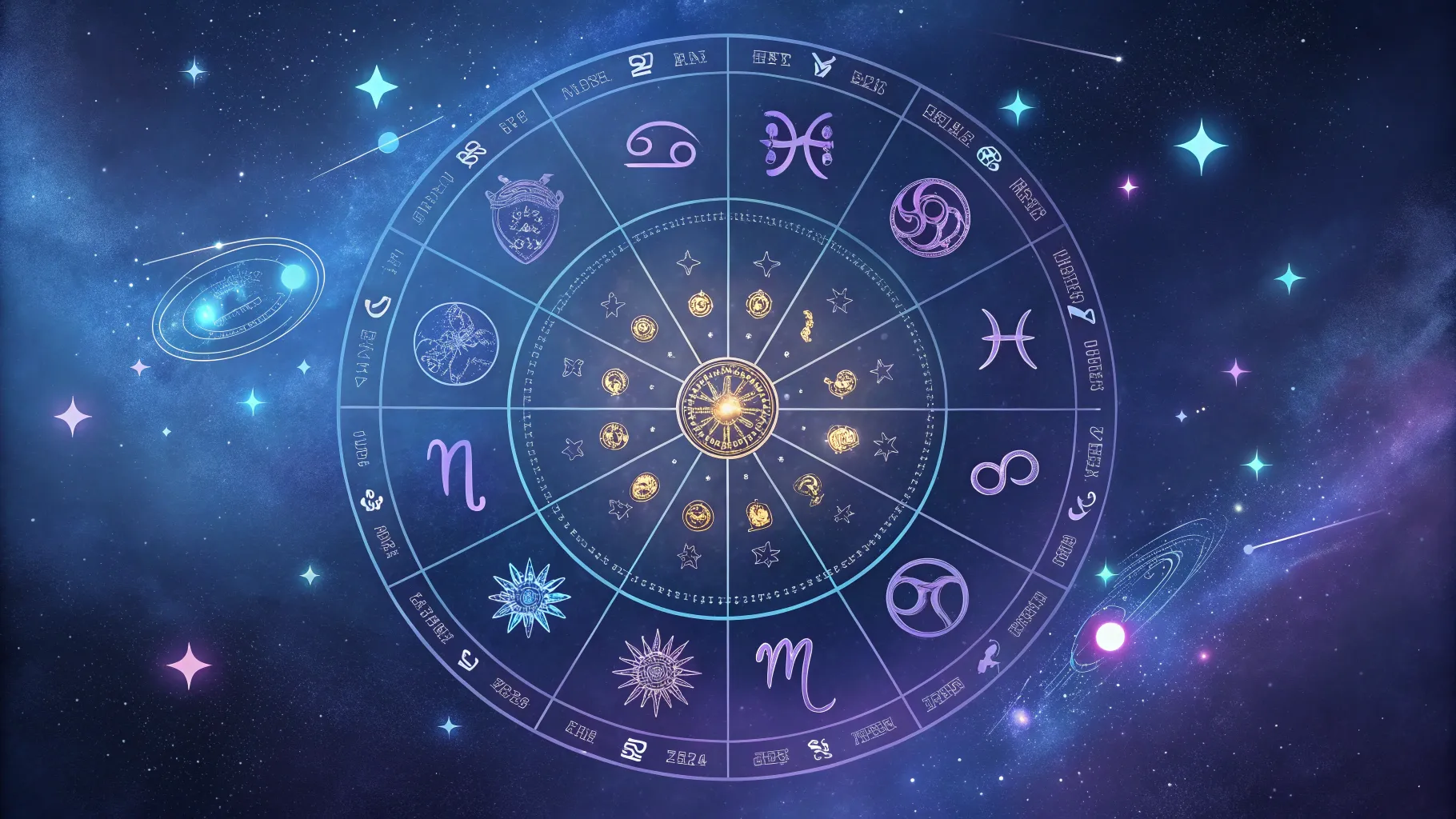 Daily, Weekly, Monthly Horoscope Predictions with zodiac signs and celestial elements.