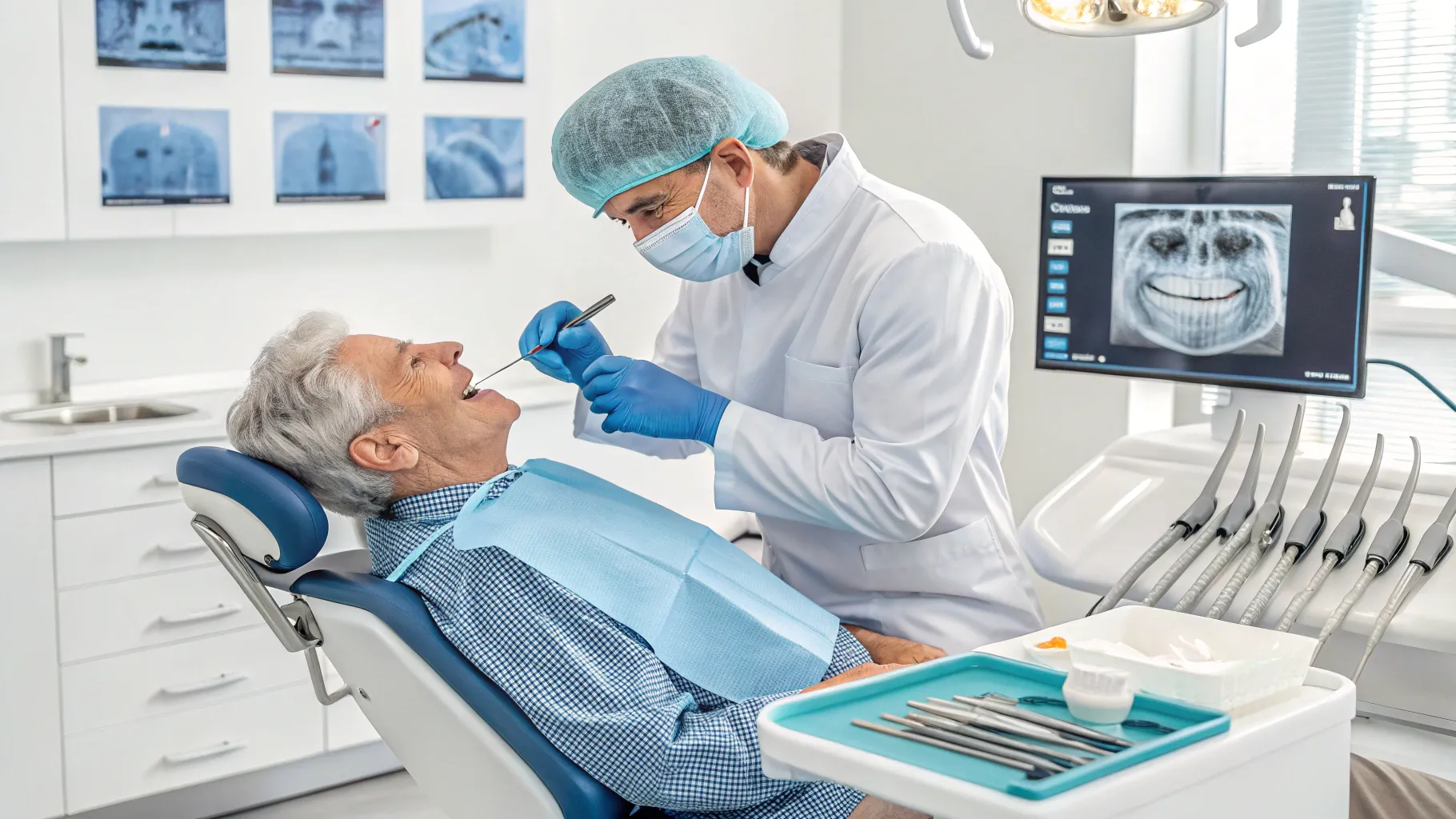 Same-day dental implants for elderly patient in a modern dental clinic setting.