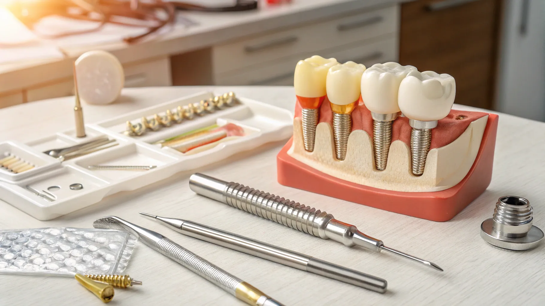 Price of dental implants for seniors displayed through dental tools and implants on a table.
