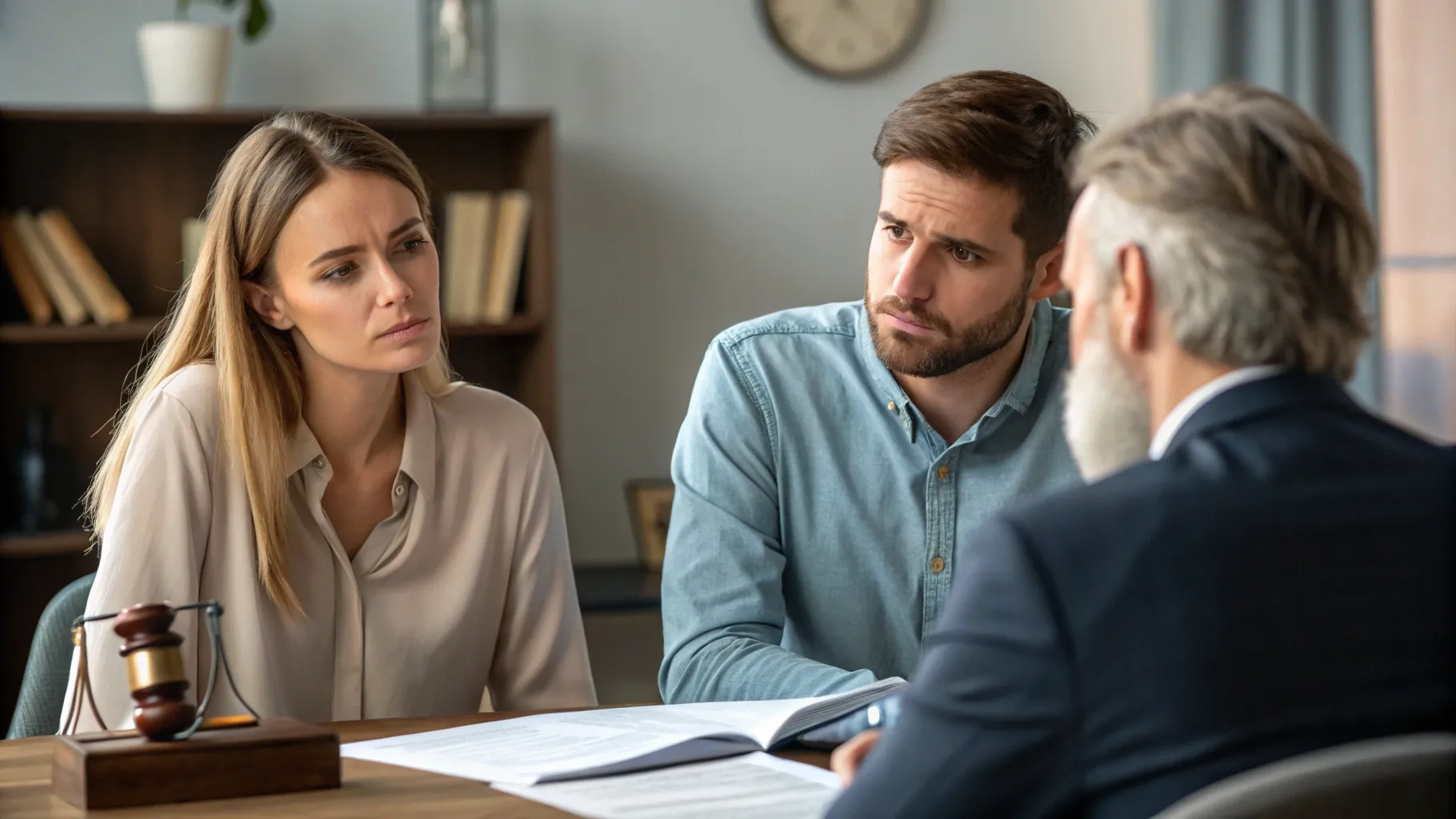 A couple looking stressed during a <strong>family law attorney consultation</strong> discussing divorce papers.