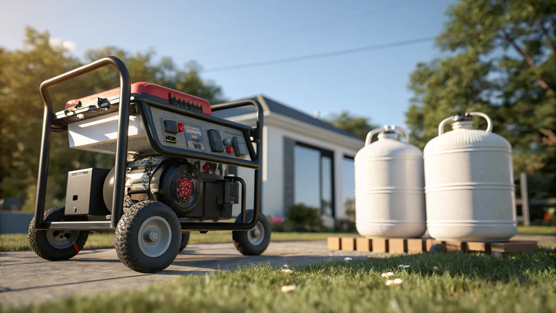 Buying guide for dual fuel generator: a detailed image of a generator in a backyard.