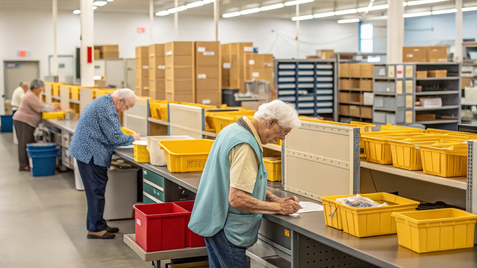 Mail Sorting Assistant Jobs for Seniors show seniors engaged in sorting mail efficiently.