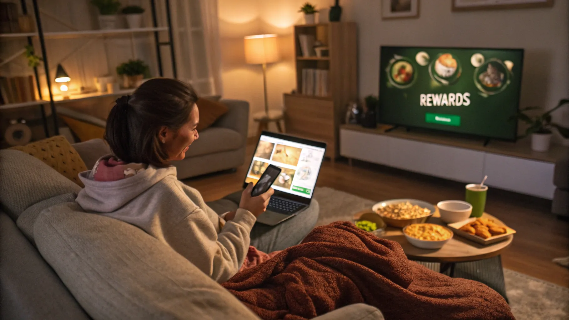 How to earn money by watching videos: A cozy living room with a laptop and snacks.