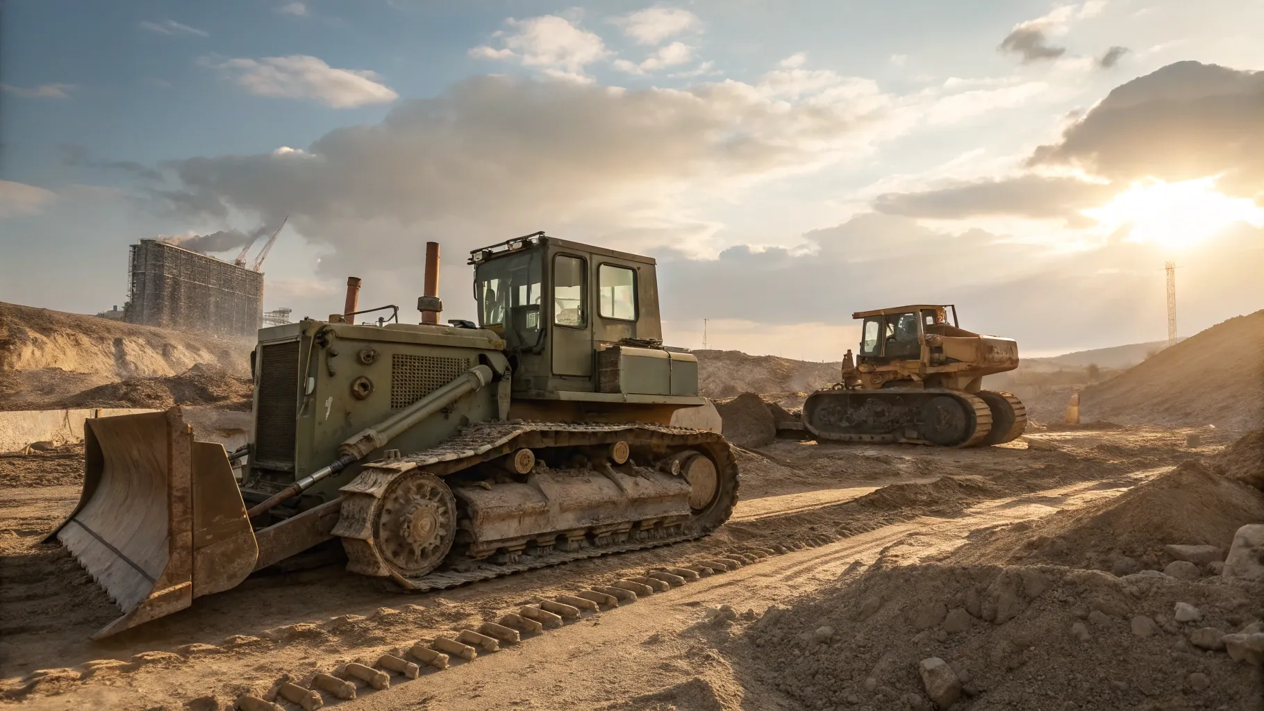 Ex Army Construction Equipment on a vibrant construction site, showcasing rugged machinery.