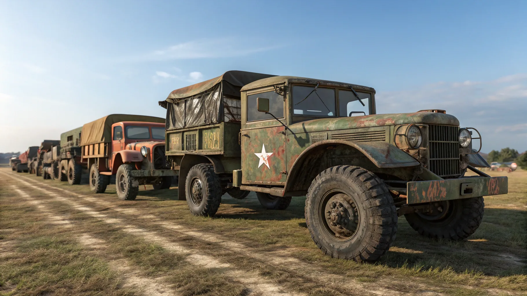 Ex Military Vehicles for Sale USA Buy Used Army Trucks lined up in a scenic field.