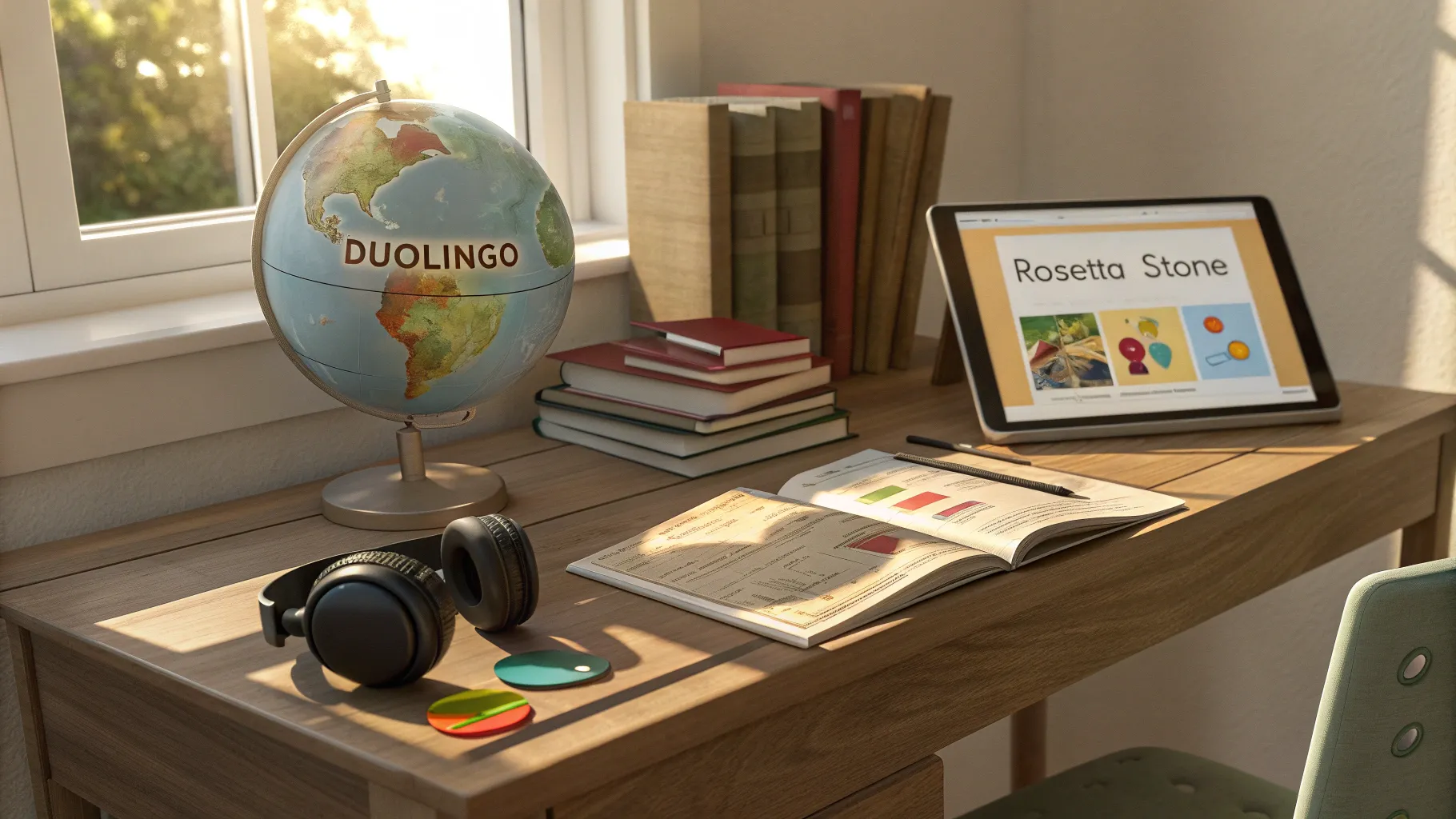 Learning Languages Effectively features a sunlit study nook with books, tablet, and headphones.