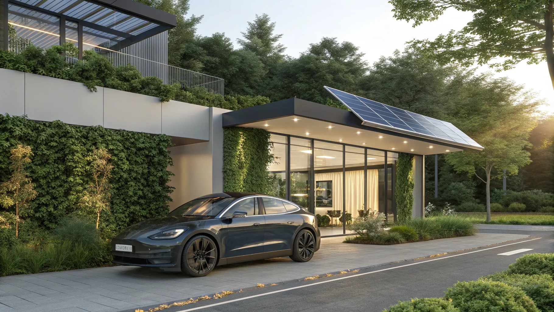 electric car lease offers outside a modern dealership with solar panels and greenery.