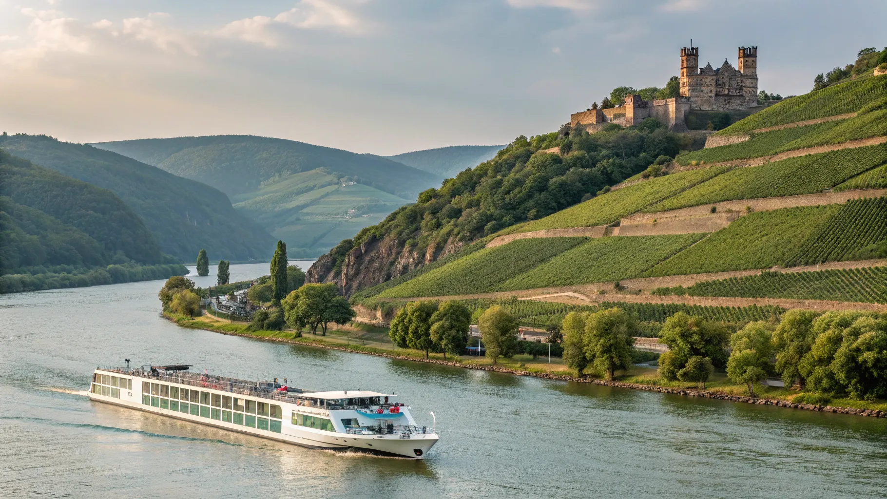 Scenic riverboat navigating the Rhine River with castles, representing <strong>european river cruises</strong> planning.